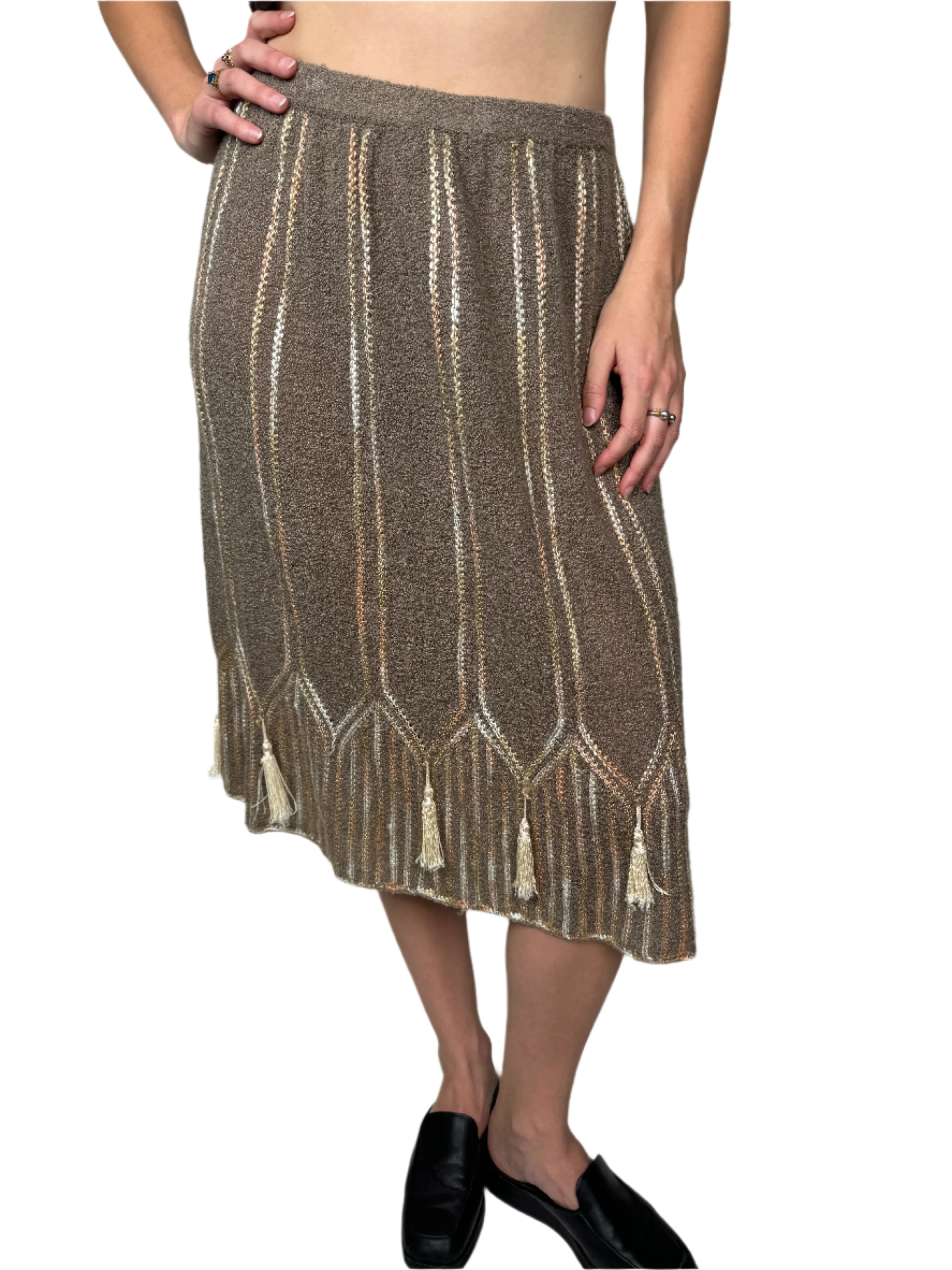 Taupe Knit Tassel Midi Skirt 1970s