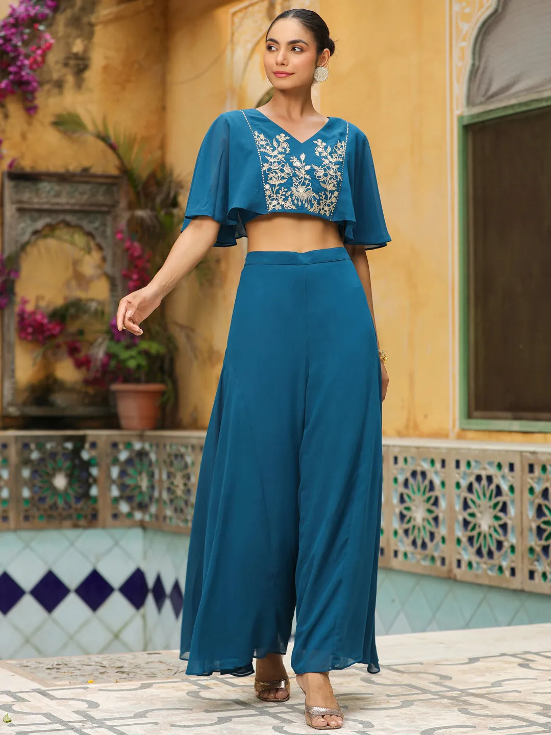 Teal Blue Georgette Yoke Embroidered Co-Ord Set