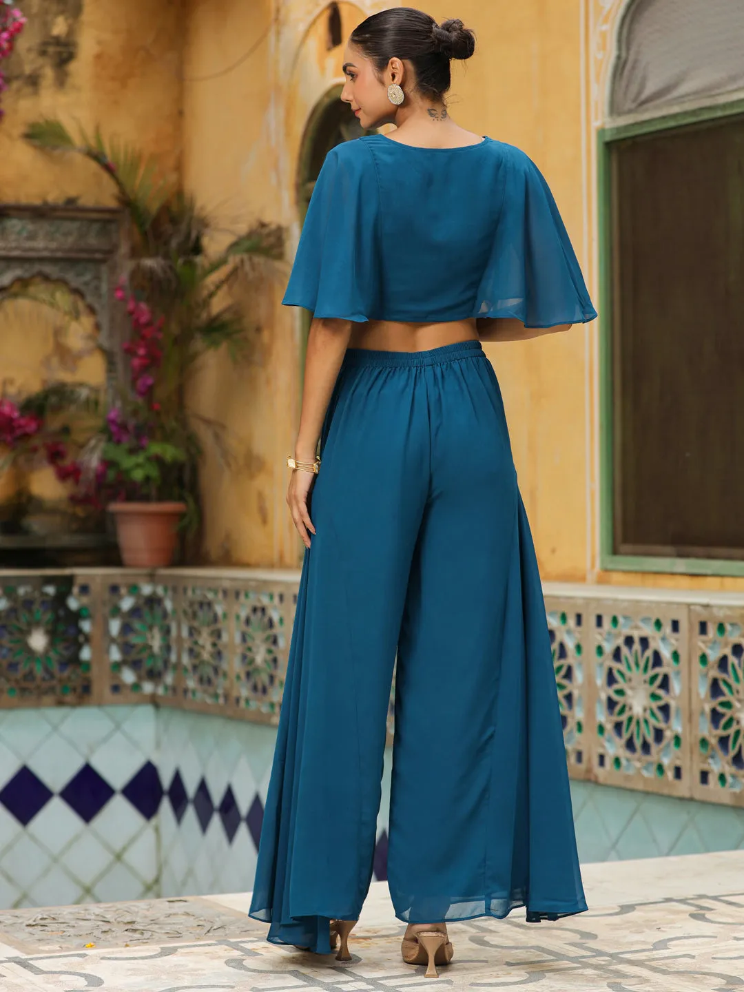 Teal Blue Georgette Yoke Embroidered Co-Ord Set