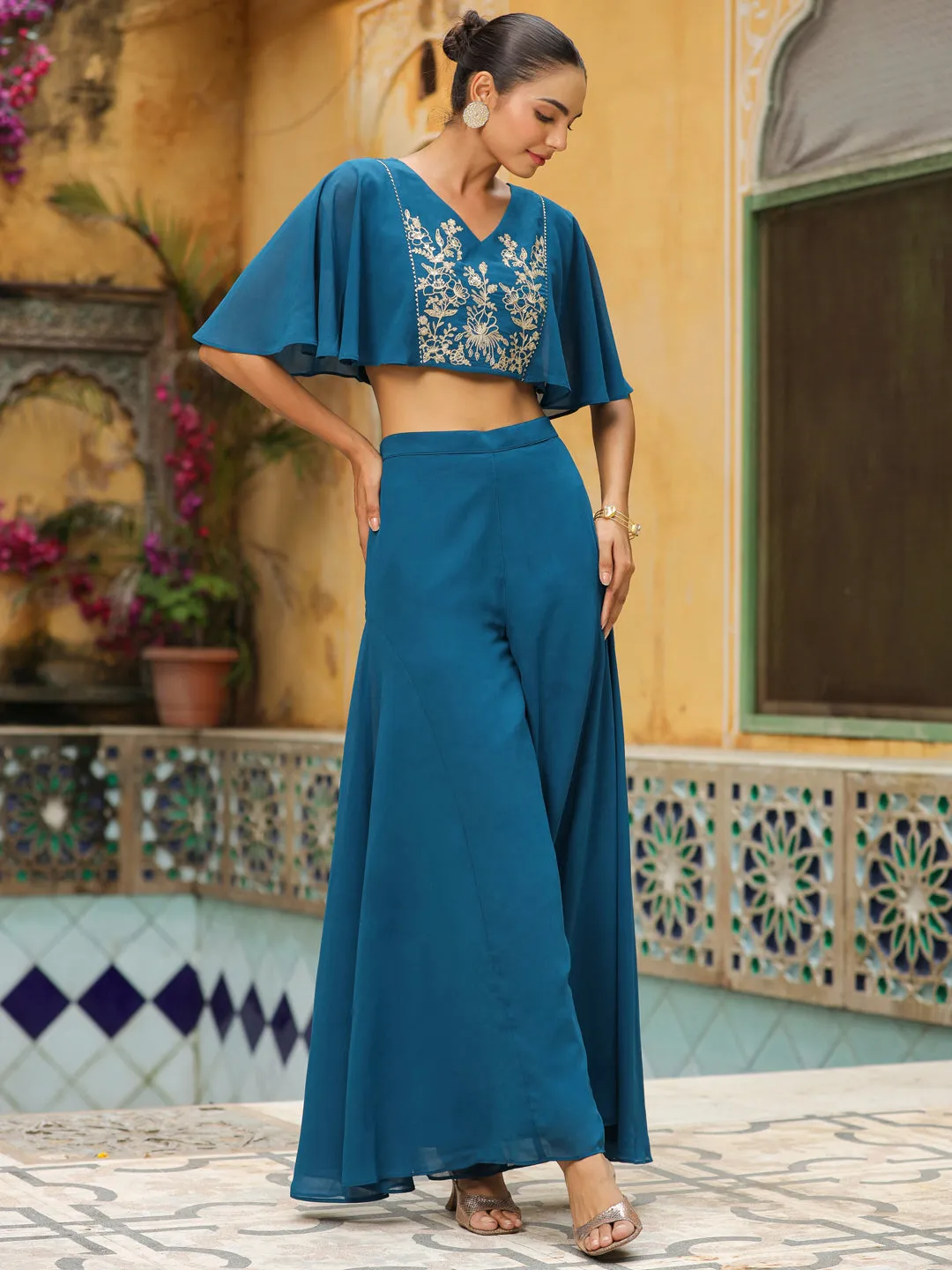 Teal Blue Georgette Yoke Embroidered Co-Ord Set