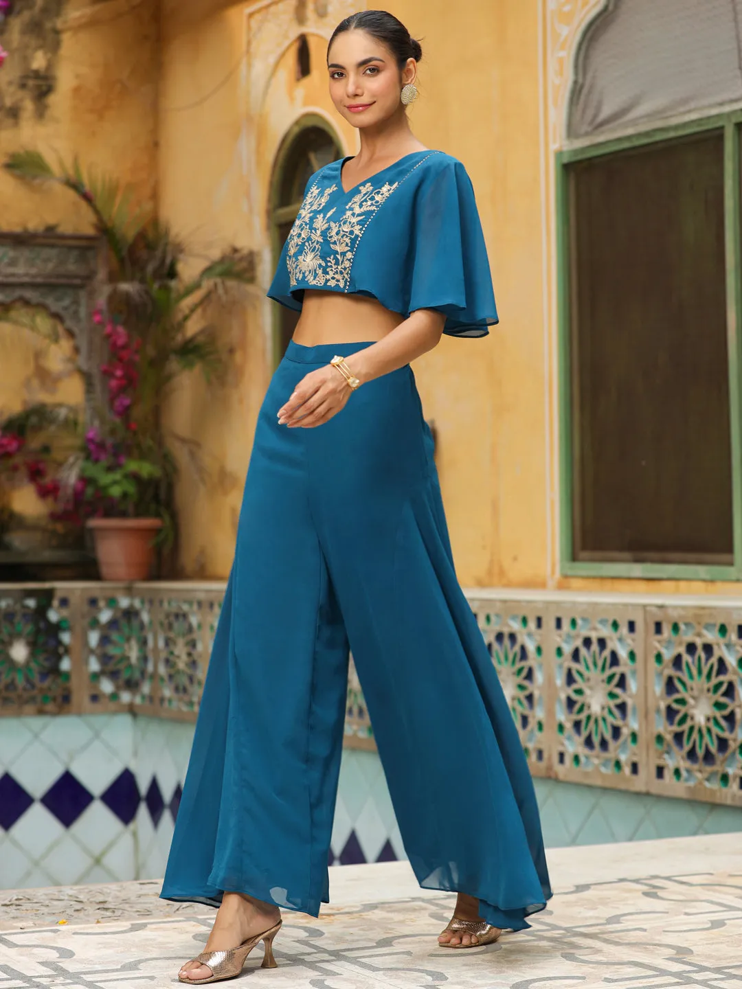 Teal Blue Georgette Yoke Embroidered Co-Ord Set