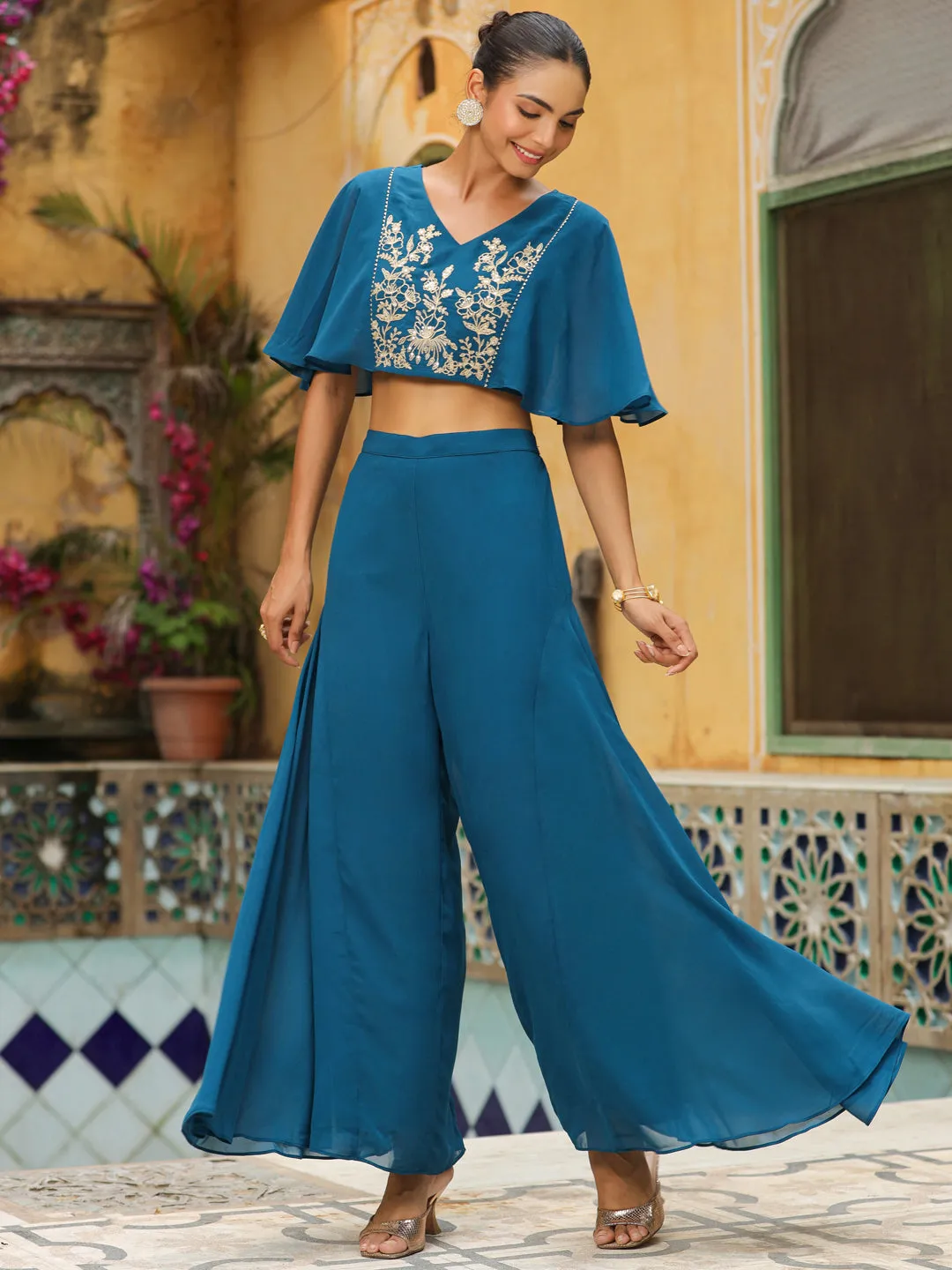 Teal Blue Georgette Yoke Embroidered Co-Ord Set