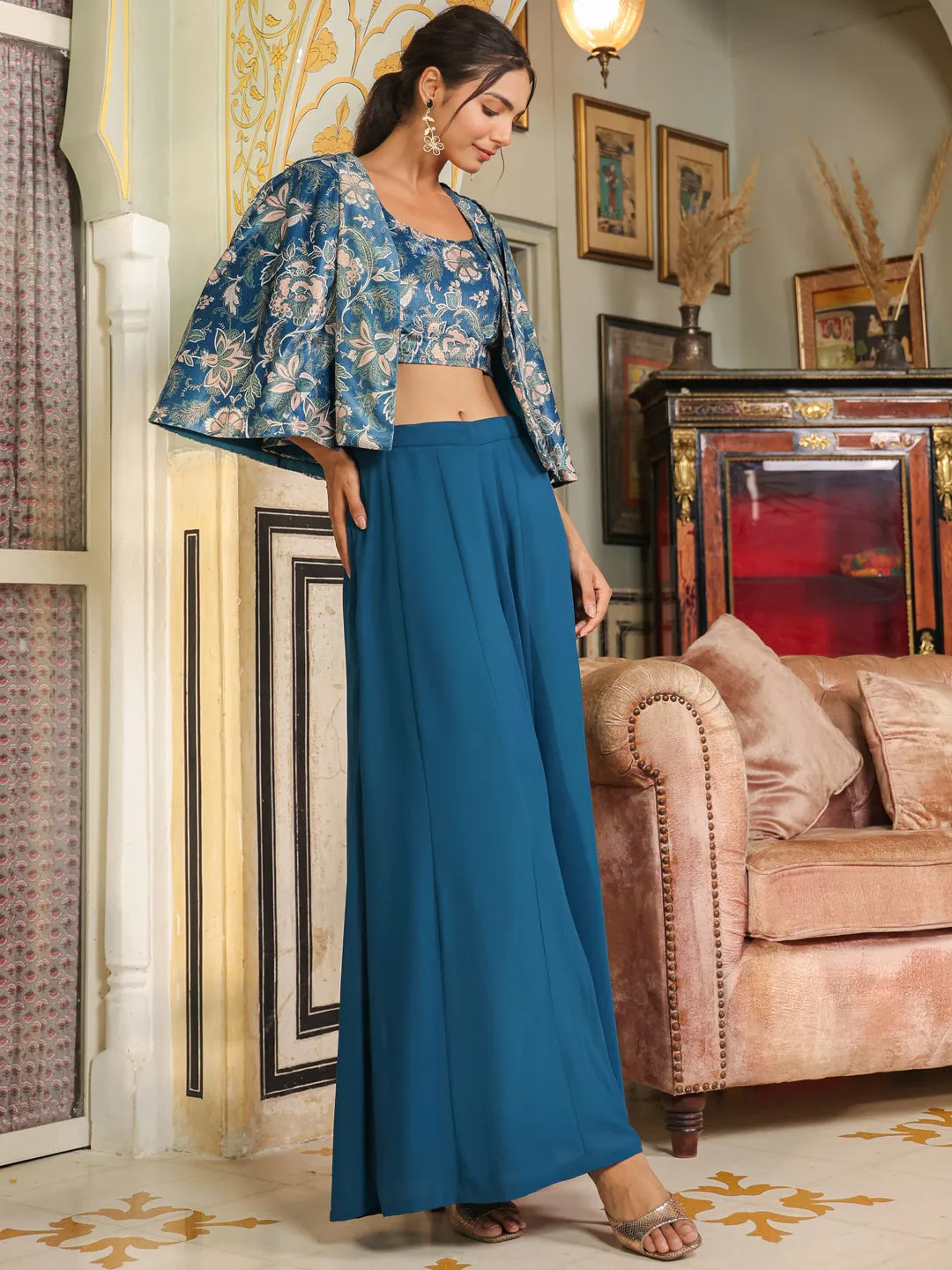 Teal Blue Velvet Floral Printed Crop Top with Palazzo & Cape Set