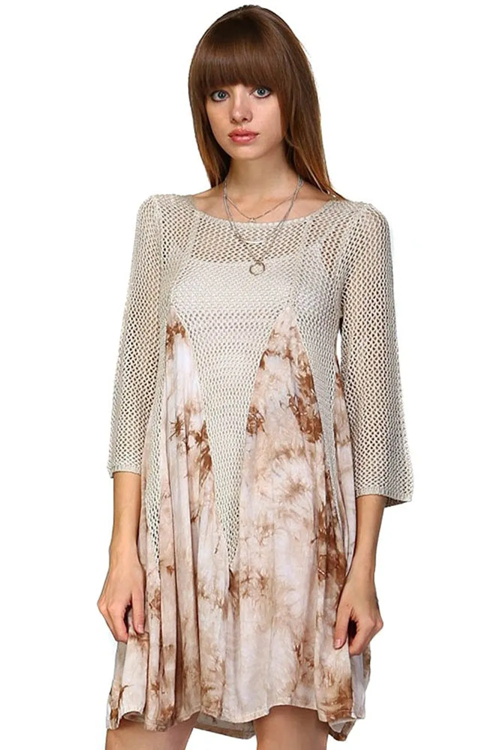 Tie Dye Distressed Fishnet Knit 3/4 Sleeve Grunge Dress