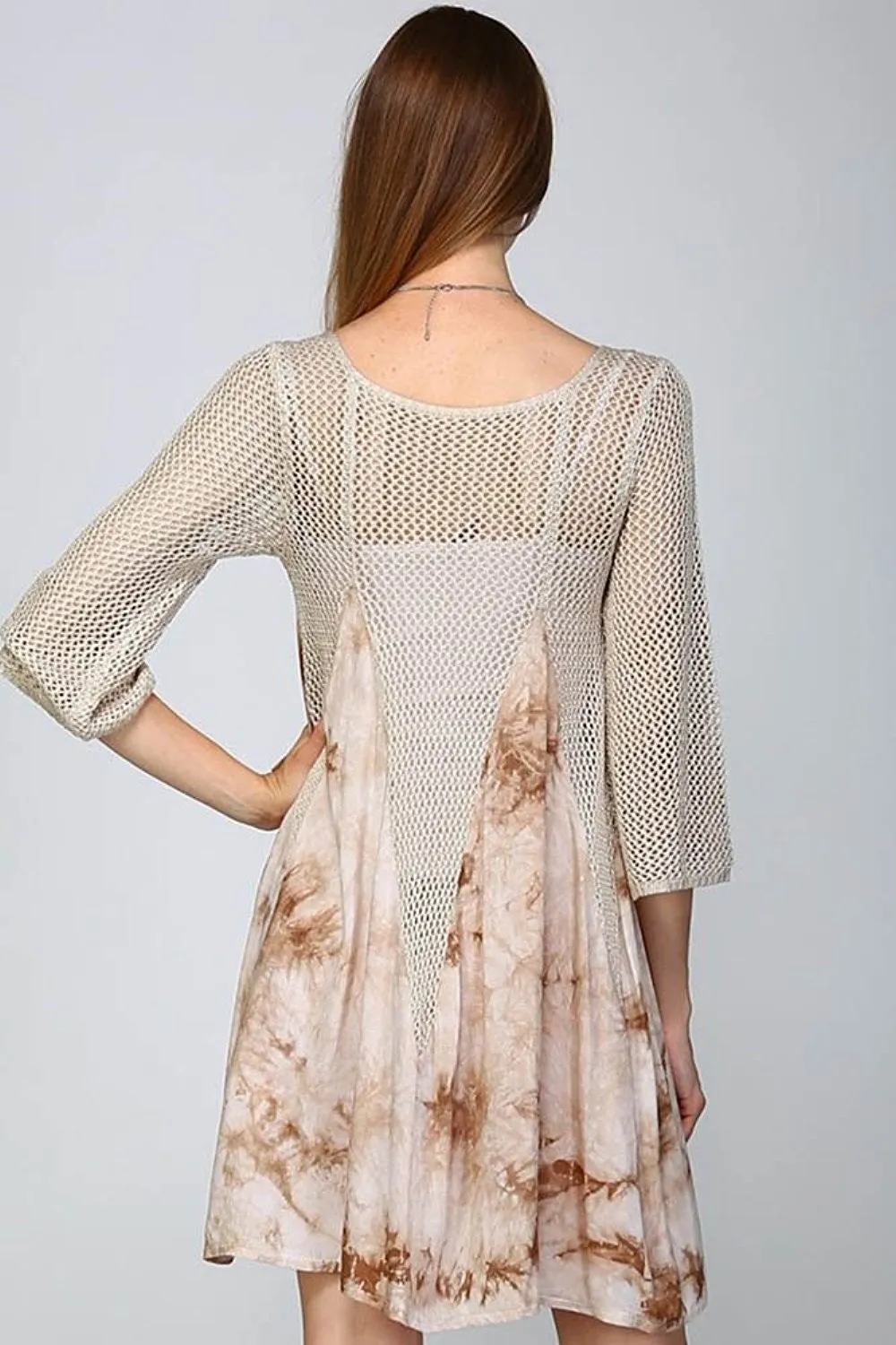 Tie Dye Distressed Fishnet Knit 3/4 Sleeve Grunge Dress