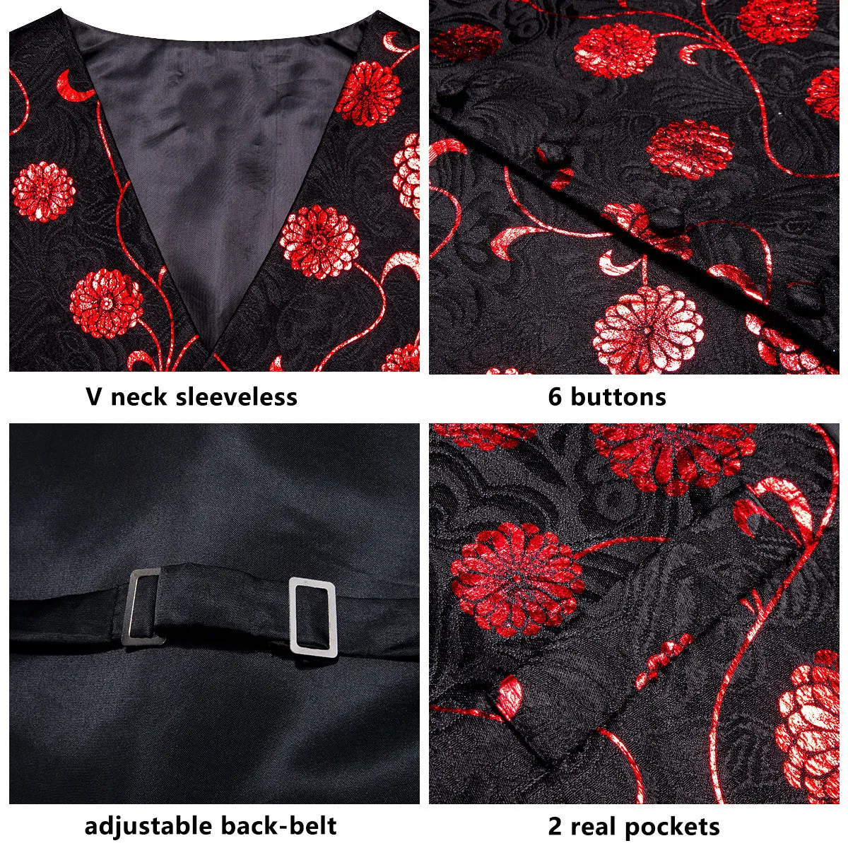 Ties2you Black Suit Vest Red Floral Men's Vest Tie Hanky Cufflinks Set Fashion