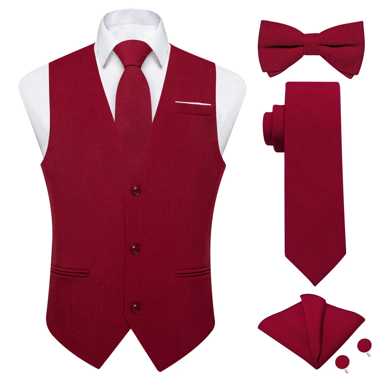 Ties2you Burgundy Red Solid Jacquard Men's Vest Necktie Bowtie Set