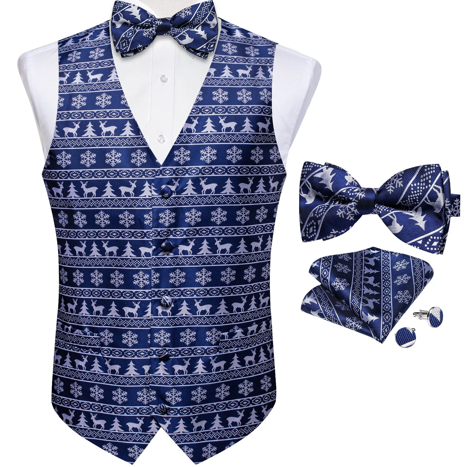 Ties2you Christmas Vest Navy Blue White Deer Novelty Men's Vest Bow Tie Set