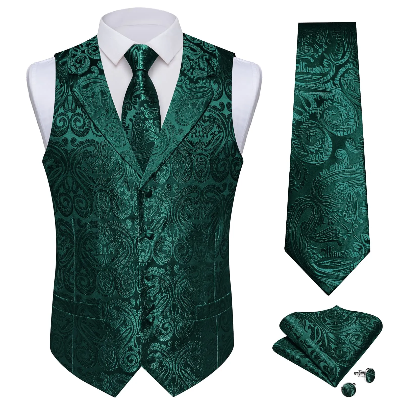 Ties2you Dress Vest Dark Green Paisley Notched Collar Silk Mens Work Vest Tie Set