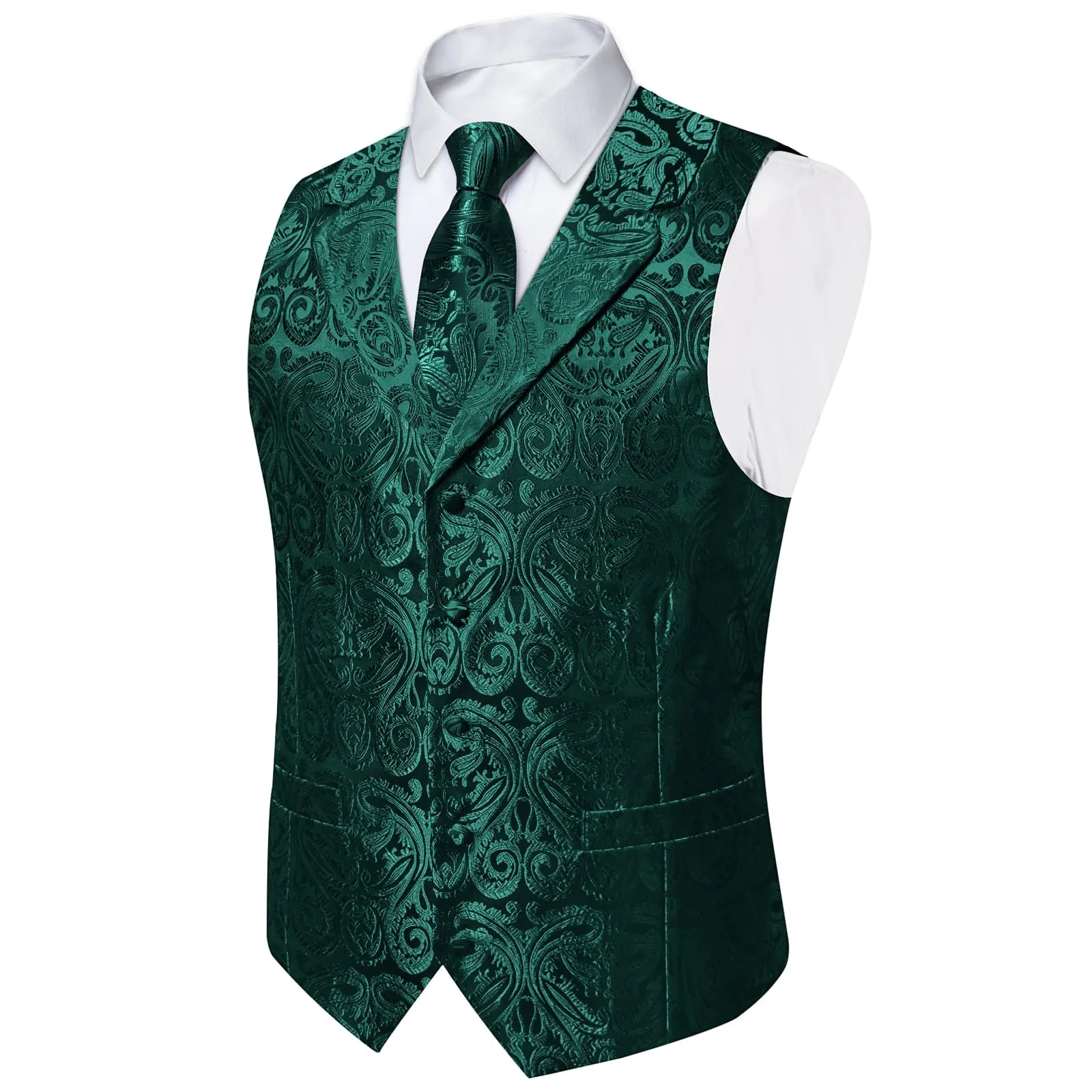 Ties2you Dress Vest Dark Green Paisley Notched Collar Silk Mens Work Vest Tie Set