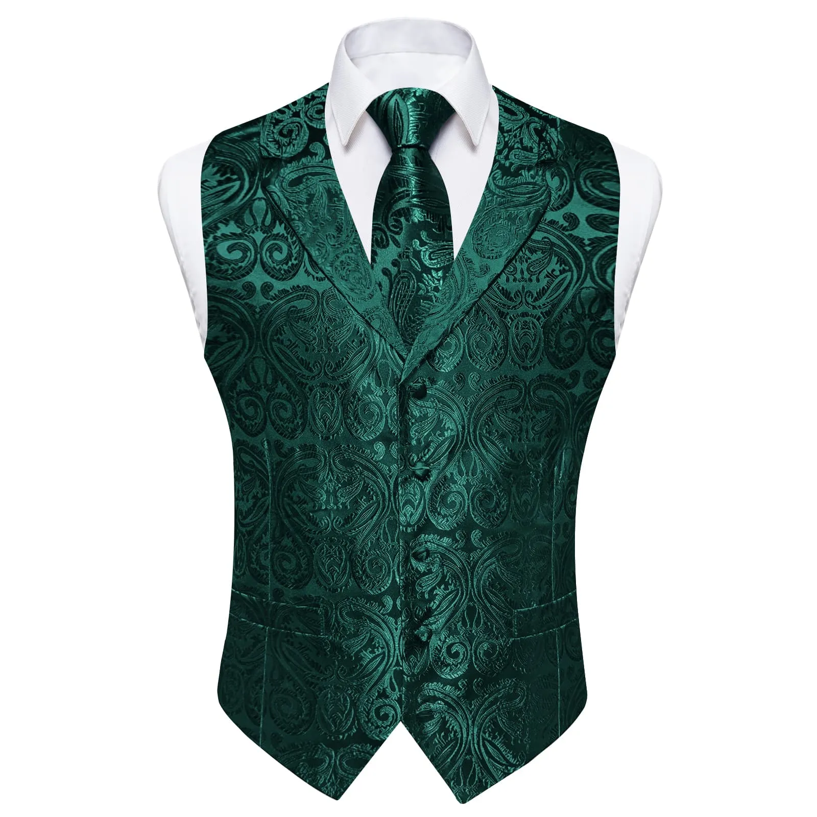 Ties2you Dress Vest Dark Green Paisley Notched Collar Silk Mens Work Vest Tie Set