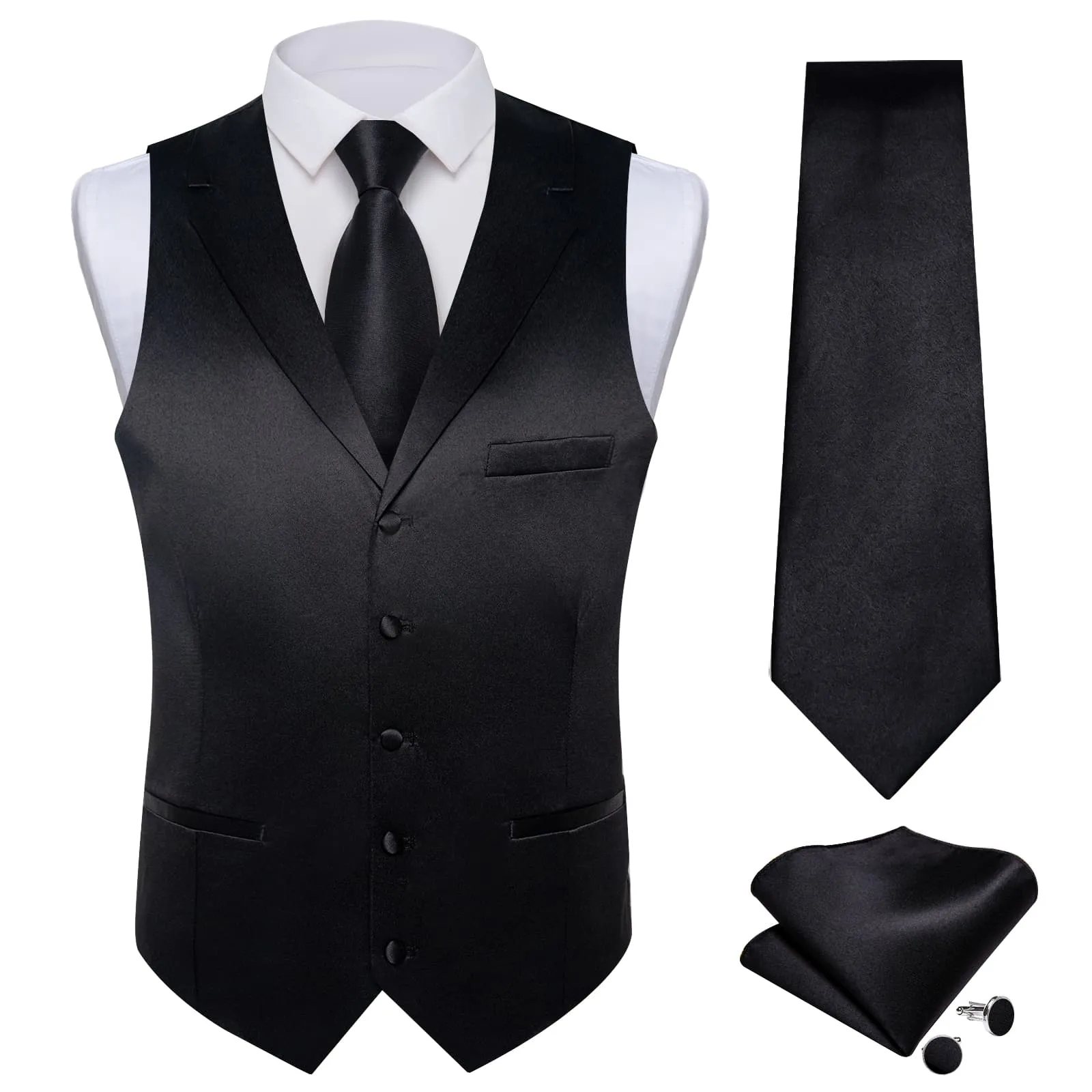 Ties2you Dress Vest Pure Black Solid Notched Collar Silk Business Tuxedo Vest for Men