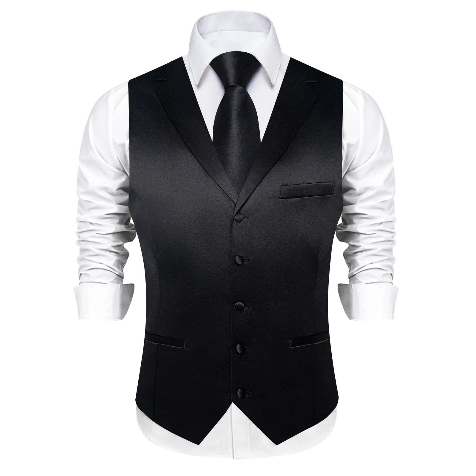 Ties2you Dress Vest Pure Black Solid Notched Collar Silk Business Tuxedo Vest for Men