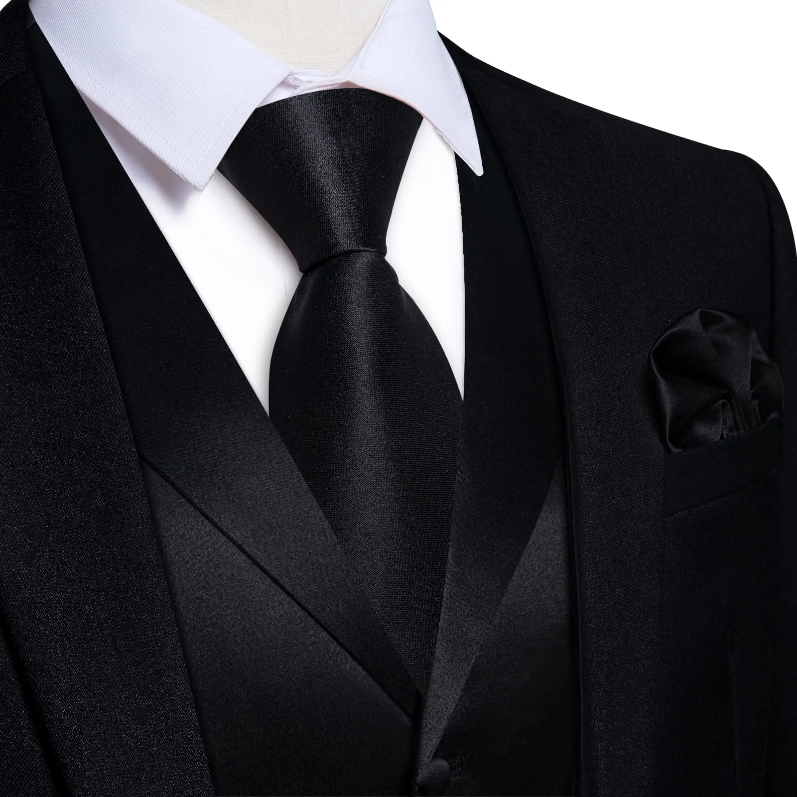 Ties2you Dress Vest Pure Black Solid Notched Collar Silk Business Tuxedo Vest for Men