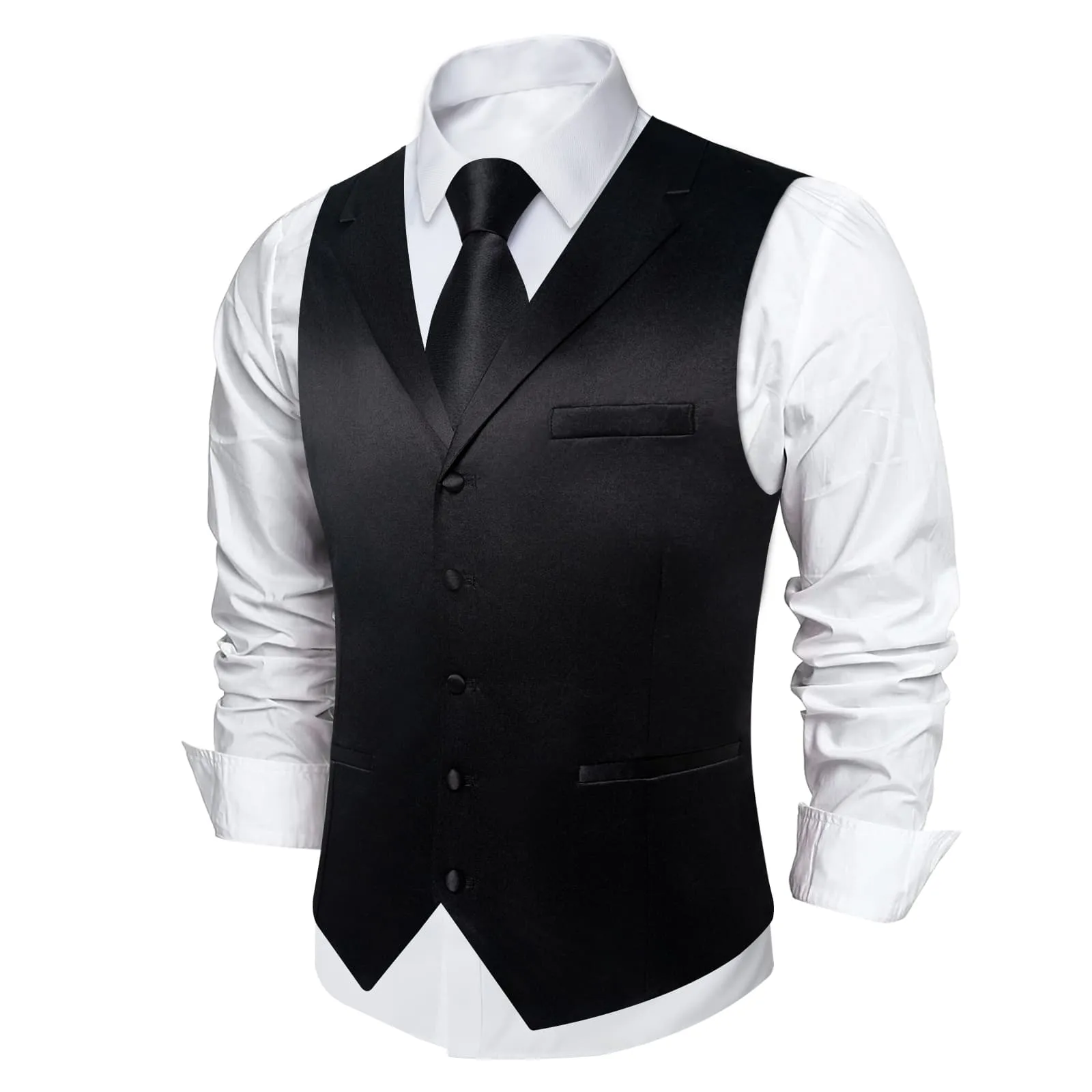 Ties2you Dress Vest Pure Black Solid Notched Collar Silk Business Tuxedo Vest for Men