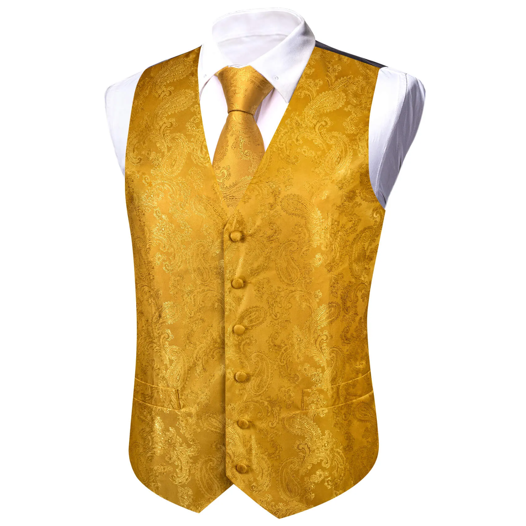 Ties2you Vest for Men Fire Yellow Paisley Silk Vest Tie Bow Tie Set