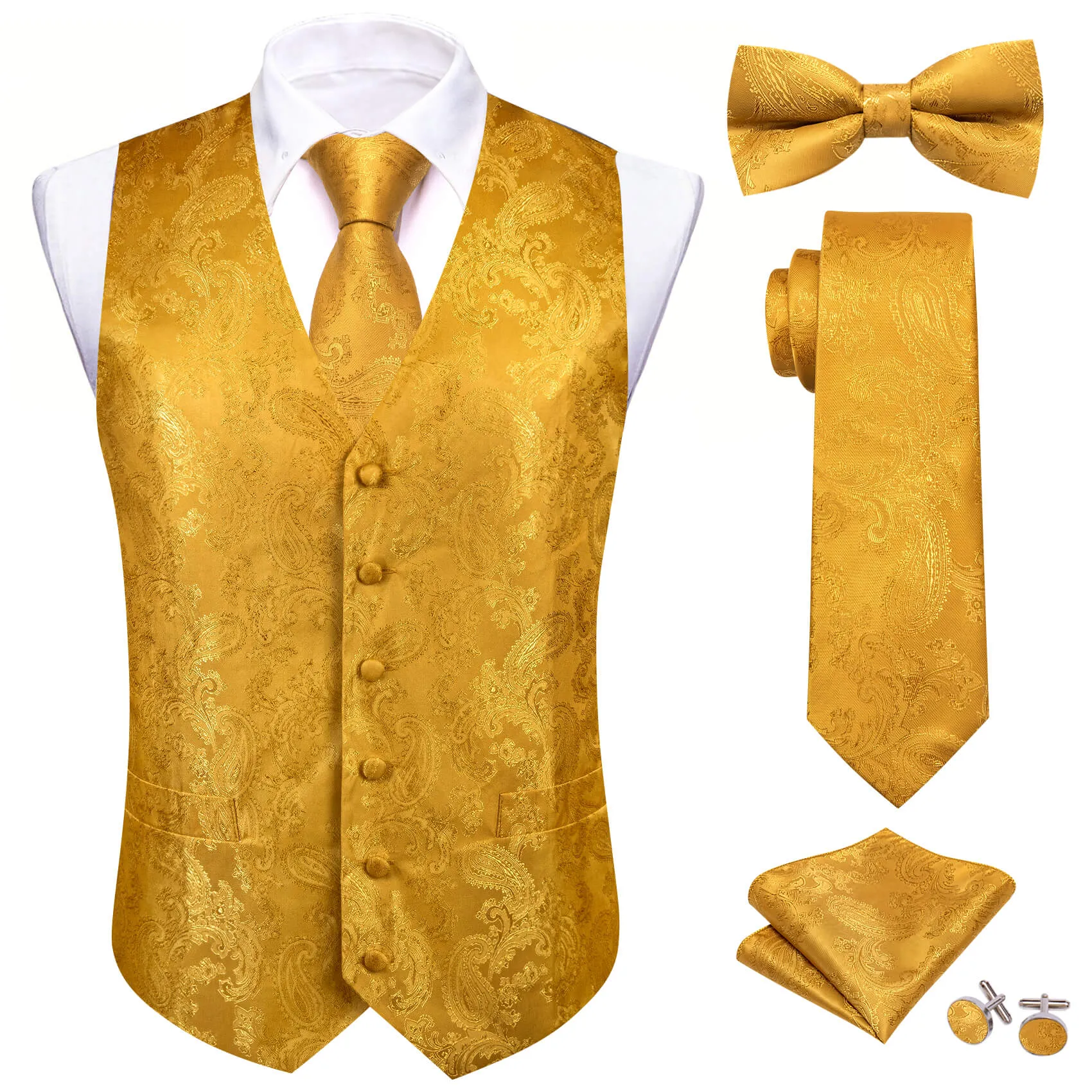 Ties2you Vest for Men Fire Yellow Paisley Silk Vest Tie Bow Tie Set