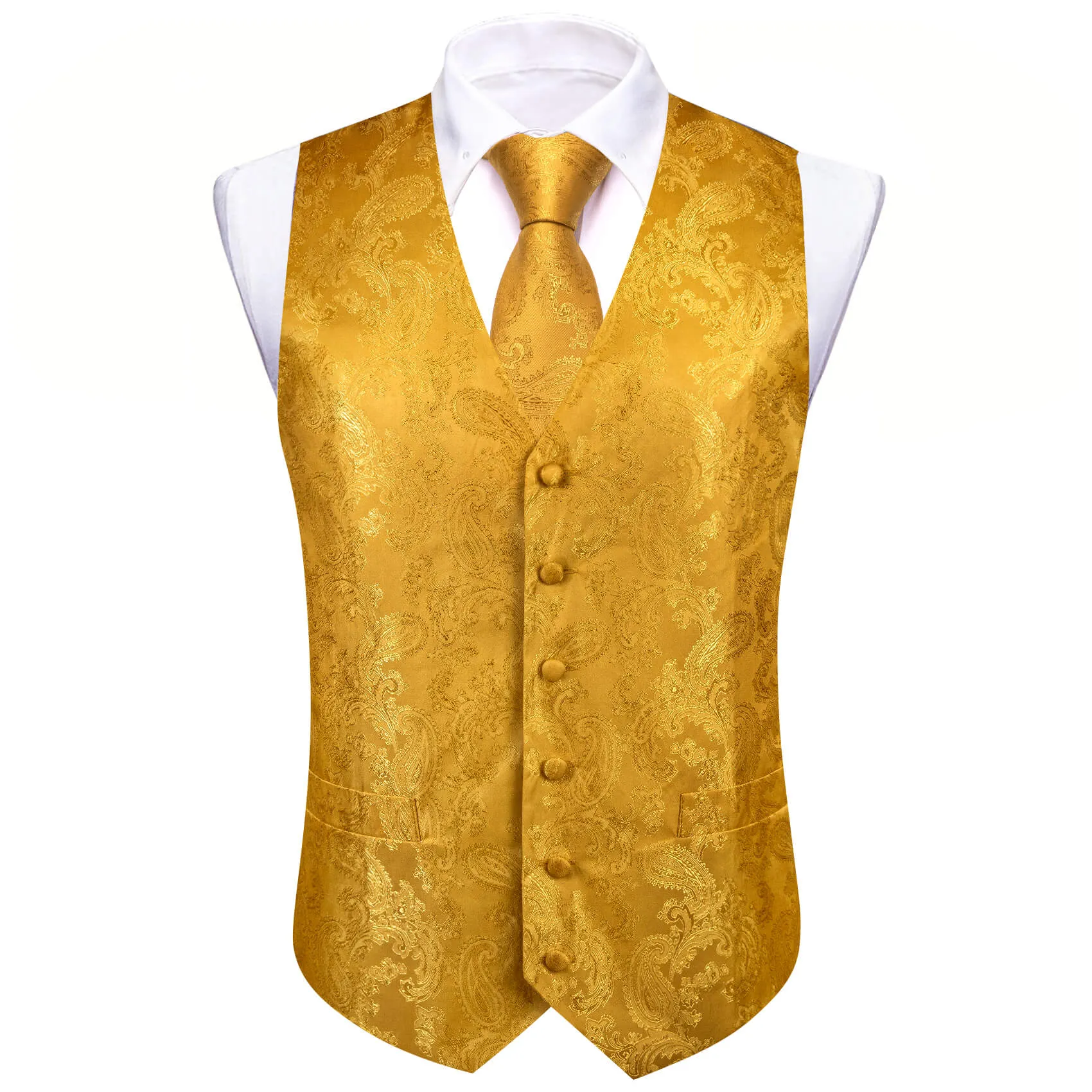 Ties2you Vest for Men Fire Yellow Paisley Silk Vest Tie Bow Tie Set