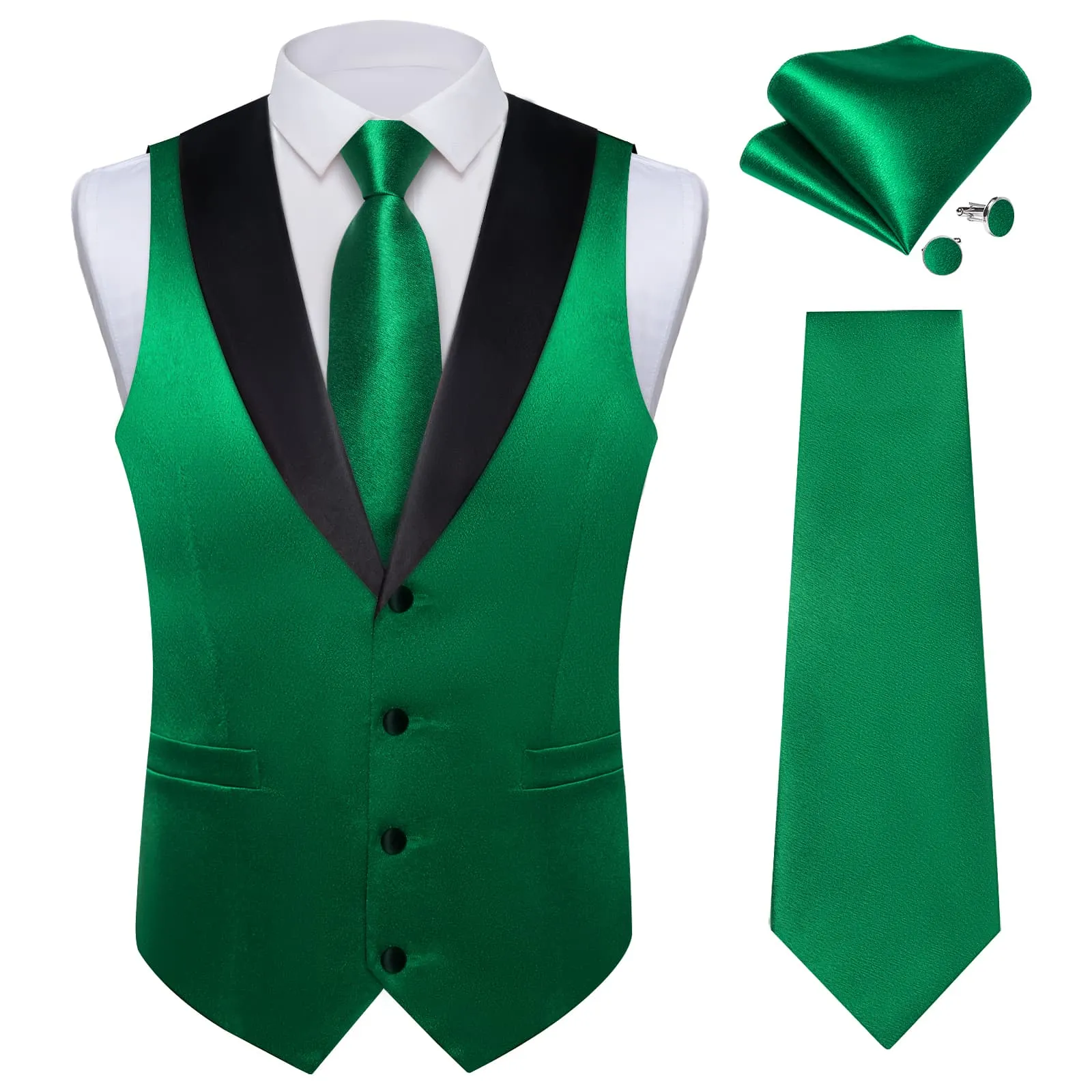 Ties2you Work Vest Shining Dark Spring Green Solid Shawl Collar Silk Mens Vest Tie Set Formal