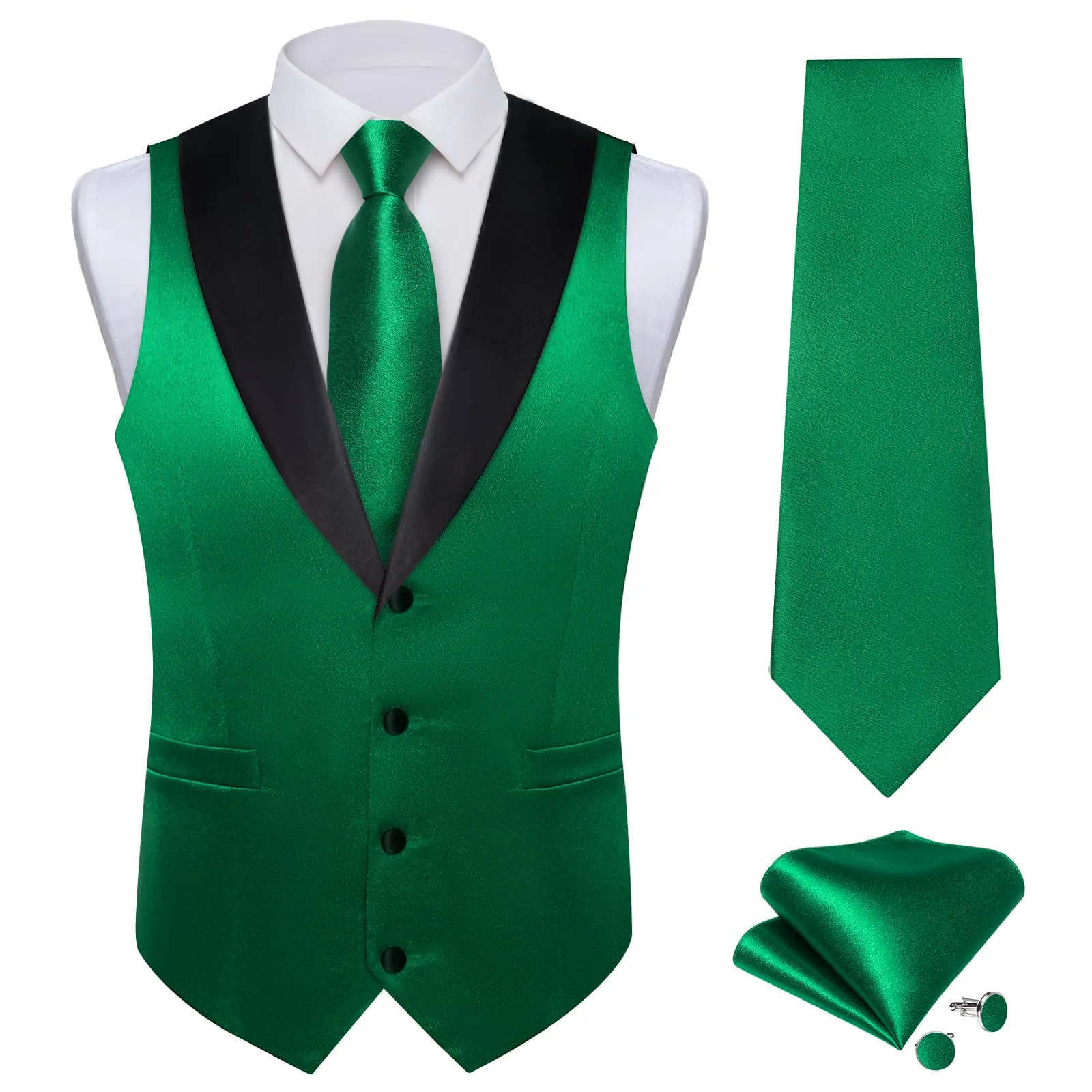 Ties2you Work Vest Shining Dark Spring Green Solid Shawl Collar Silk Mens Vest Tie Set Formal