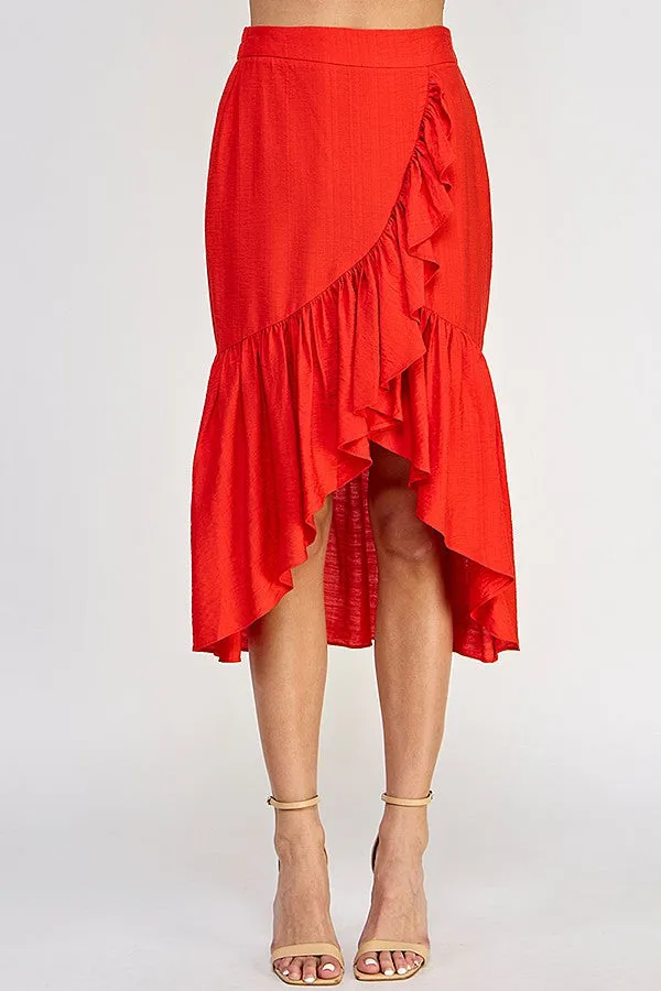 Tomato High Low Wrap Ruff Midi Skirt