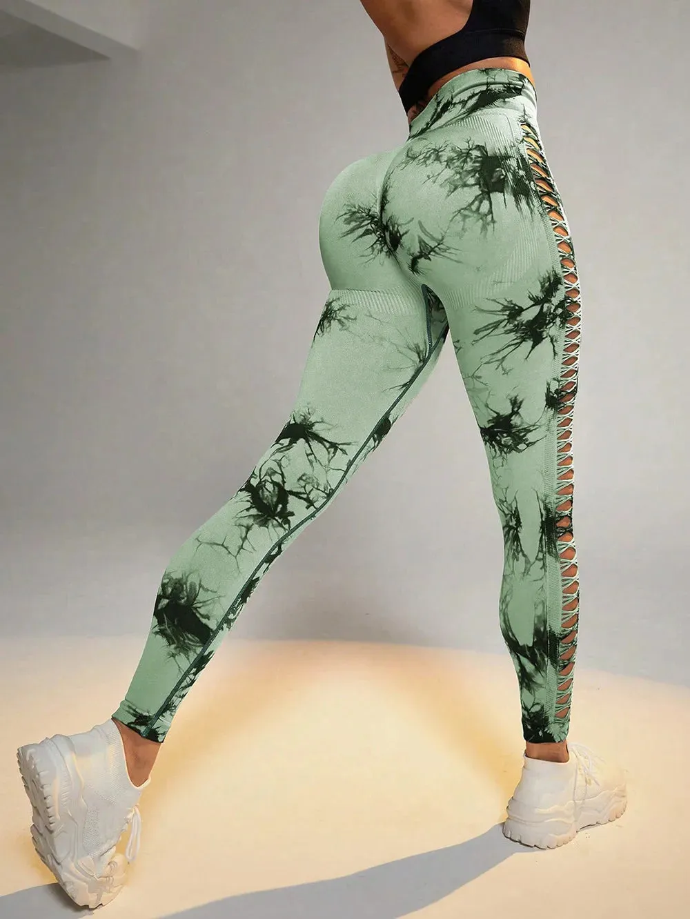 Trendy Tie Dye Hollow Out  Yoga High Waist  Leggings