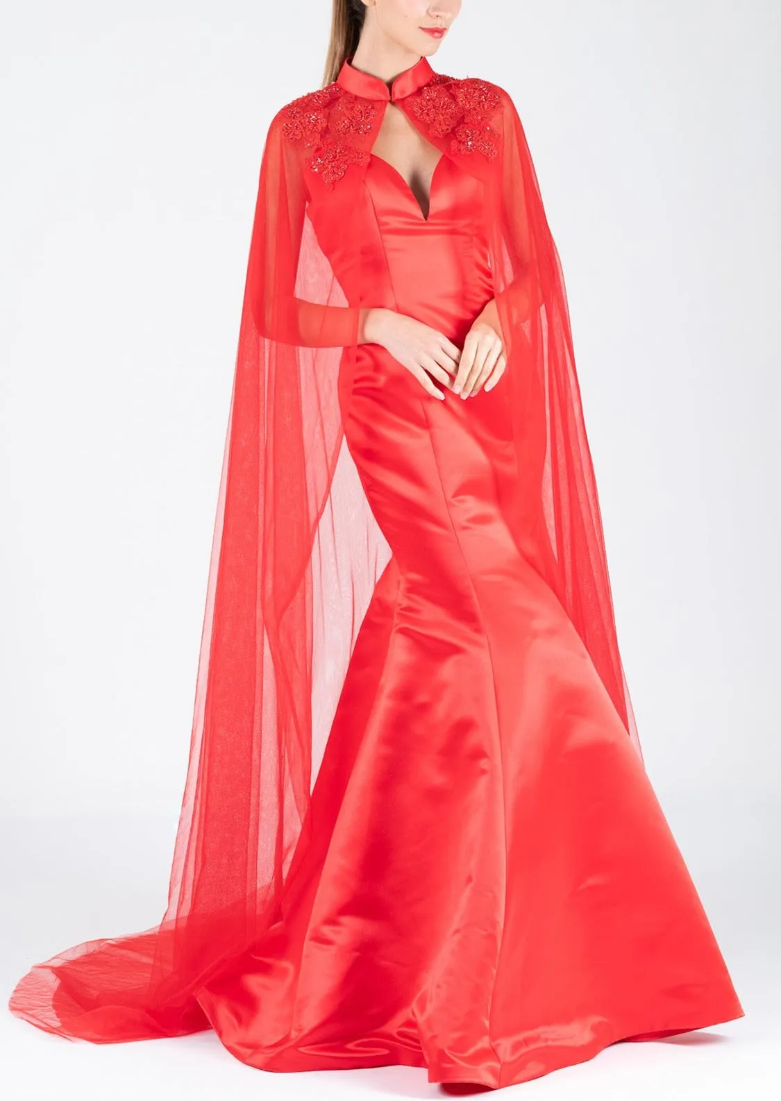 Trumpet Vines Strappy Bridal Gown w Qipao Cape - RTW