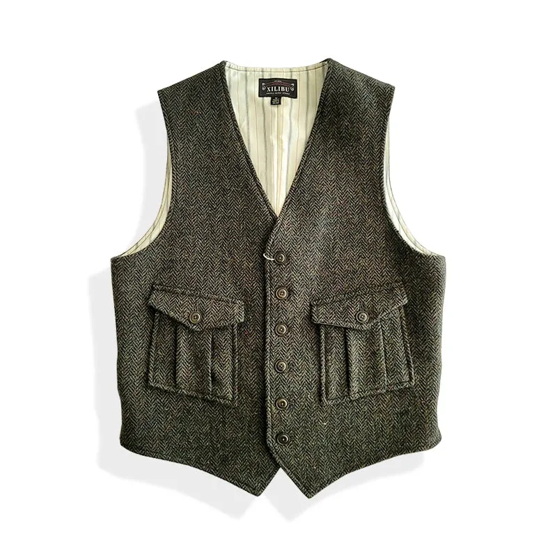 Tweed Wool Vest for Men - Slim Fit Green Waistcoat