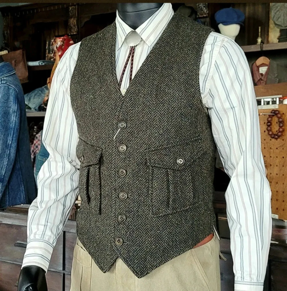 Tweed Wool Vest for Men - Slim Fit Green Waistcoat