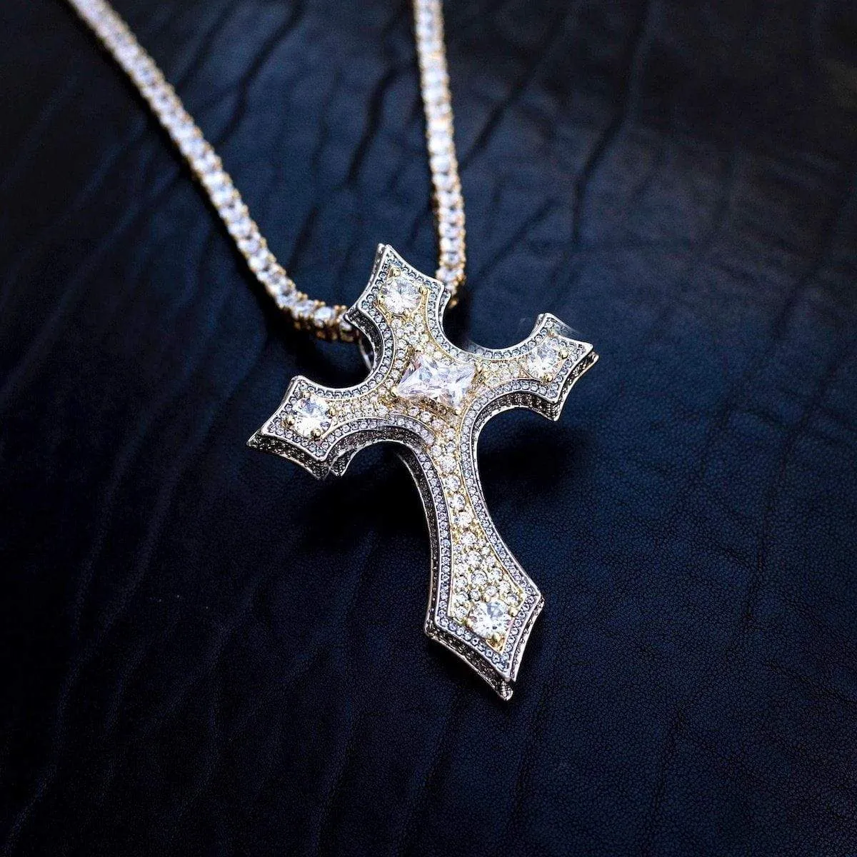 Two-Tone Clustered Diamond Cross in White/Yellow Gold