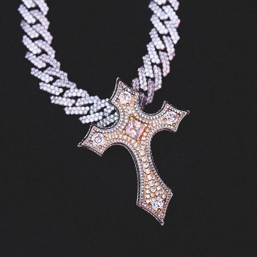 Two-Tone Clustered Diamond Cross in White/Yellow Gold