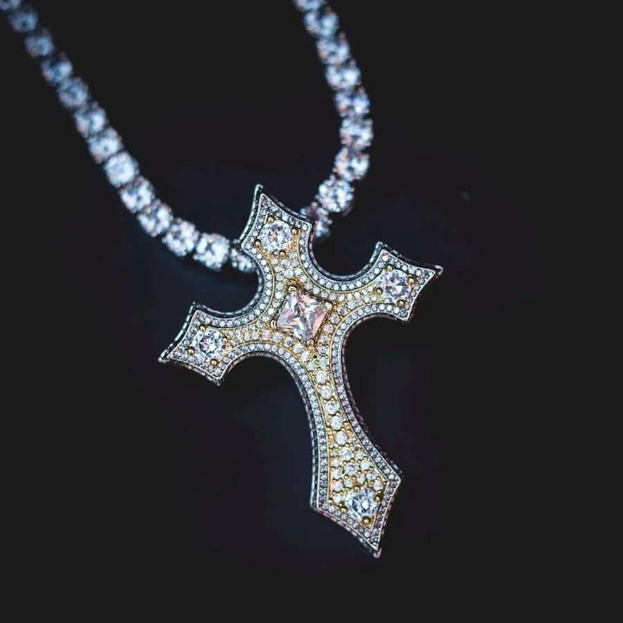 Two-Tone Clustered Diamond Cross in White/Yellow Gold