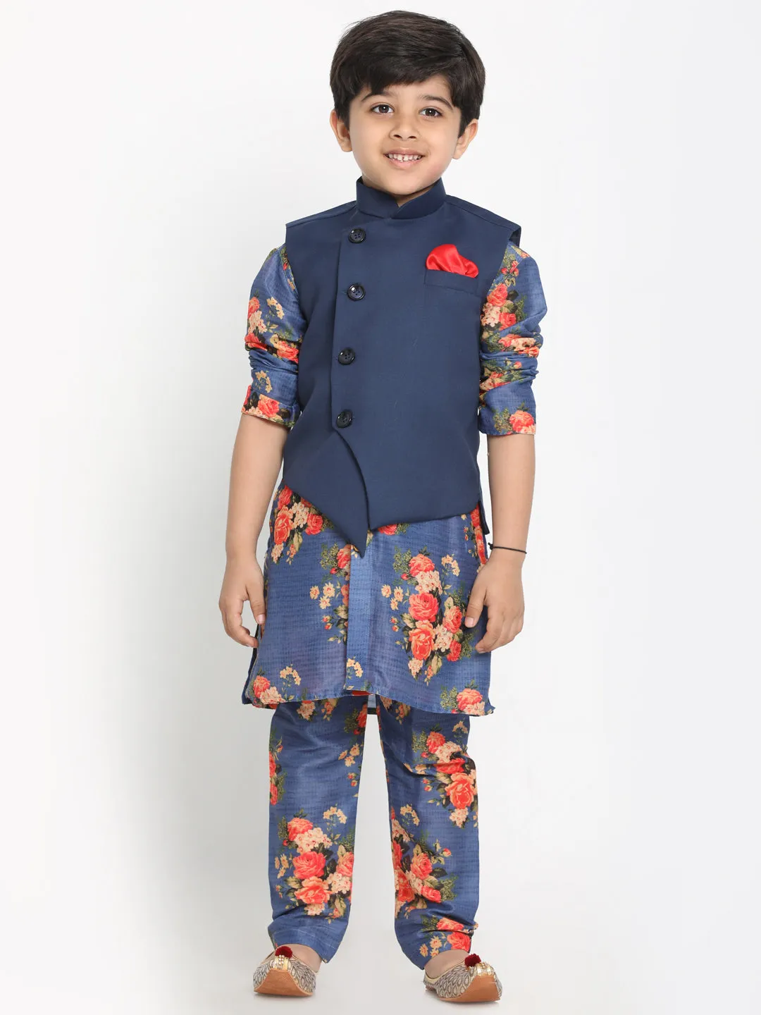 Vastramay Blue Twill Jacket, Printed Kurta and Pyjama Set