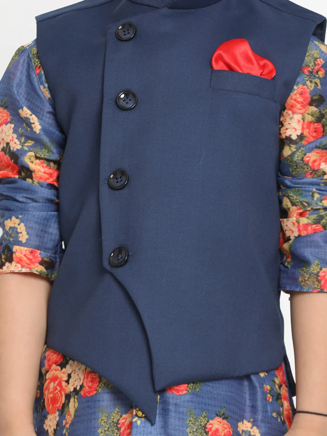 Vastramay Blue Twill Jacket, Printed Kurta and Pyjama Set