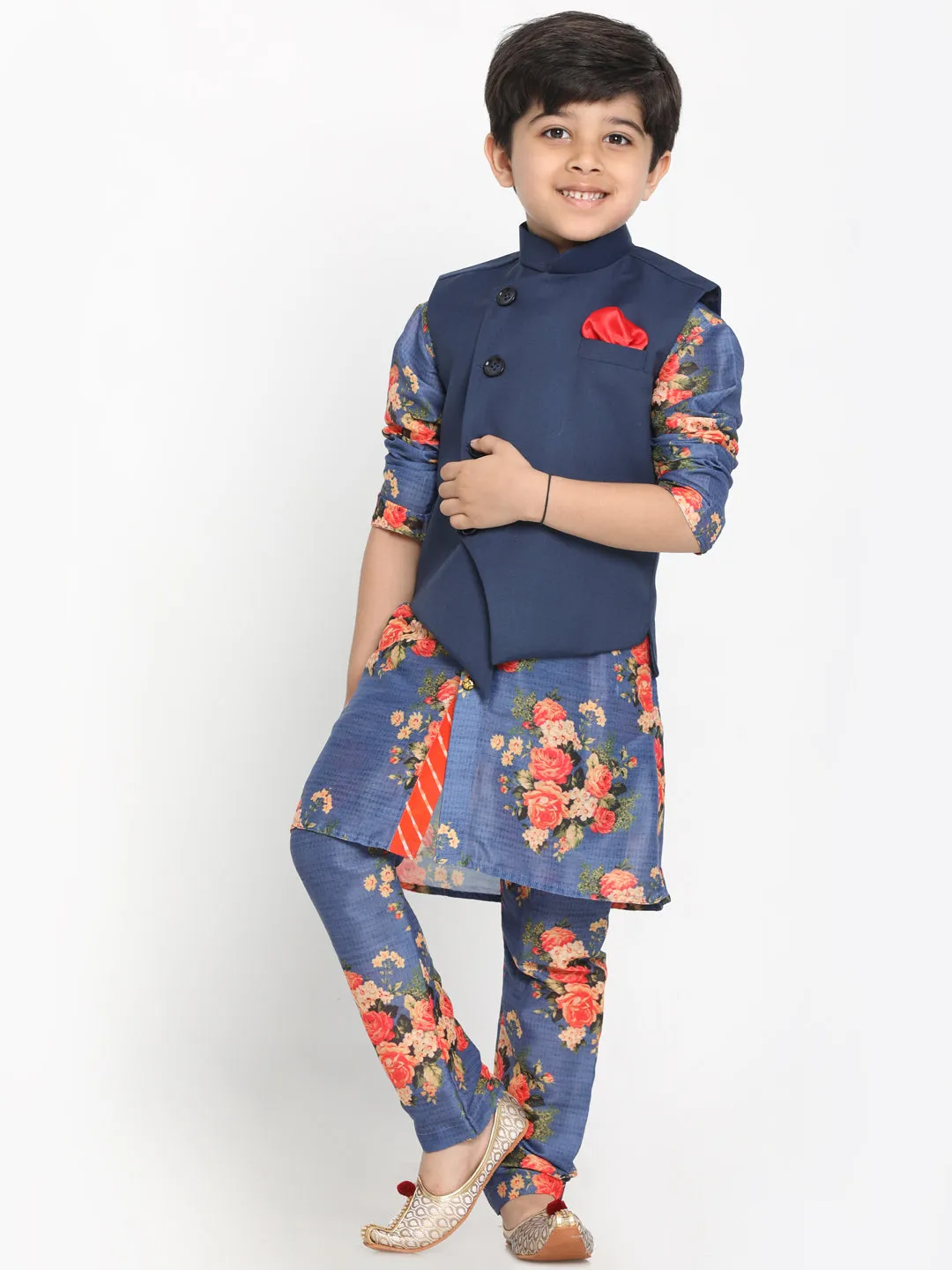 Vastramay Blue Twill Jacket, Printed Kurta and Pyjama Set