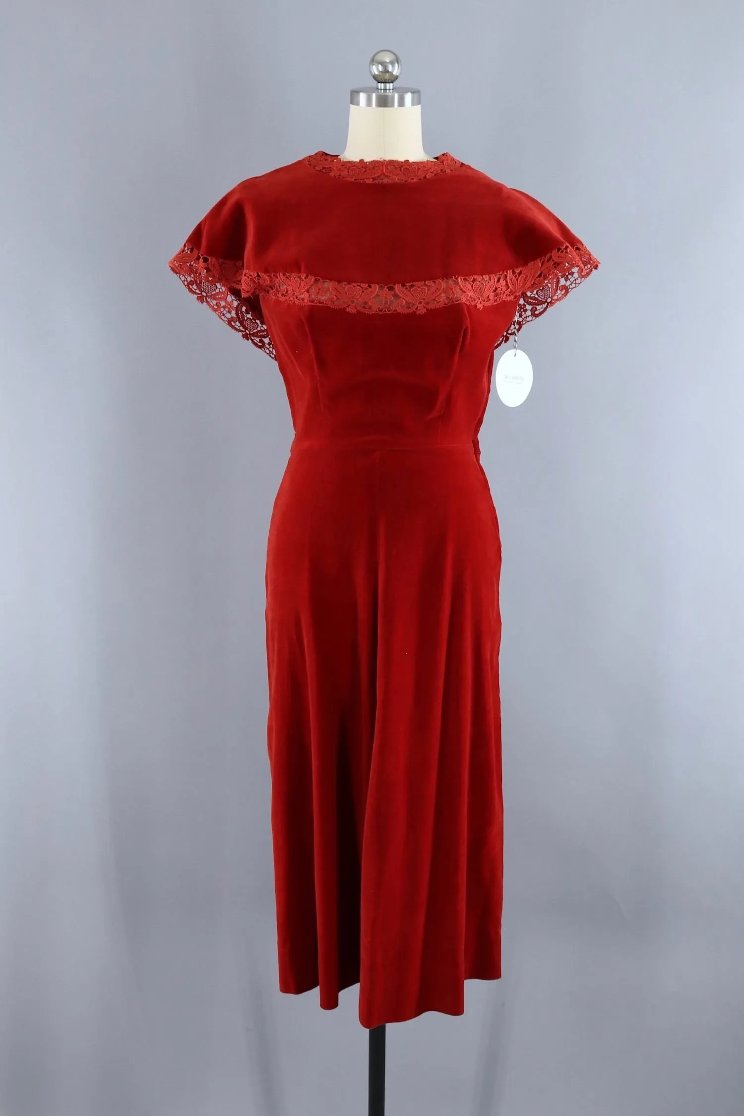 Vintage 1950s Rust Red Velvet & Lace Dress