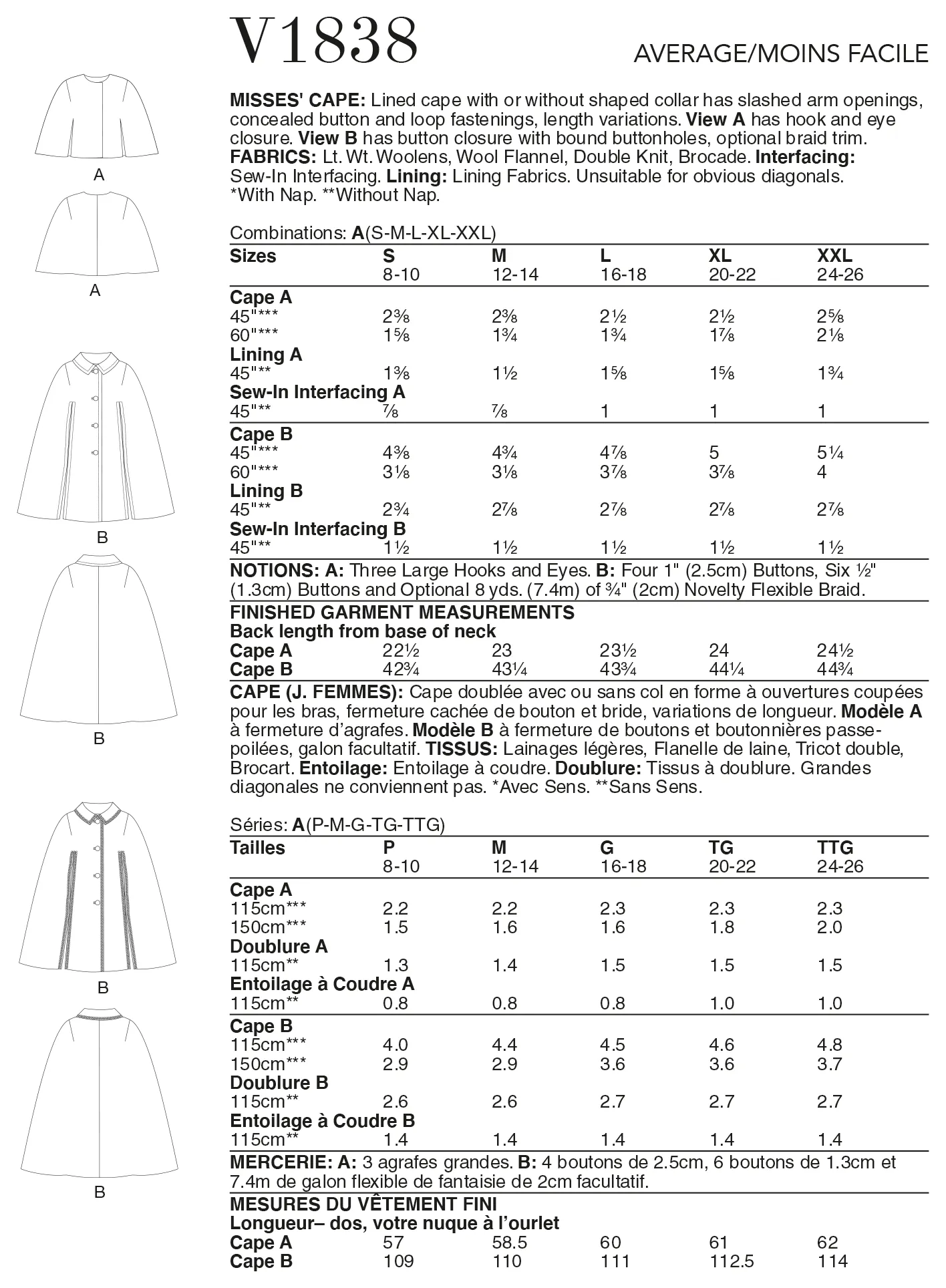 Vogue Pattern V1838 Misses' Cape