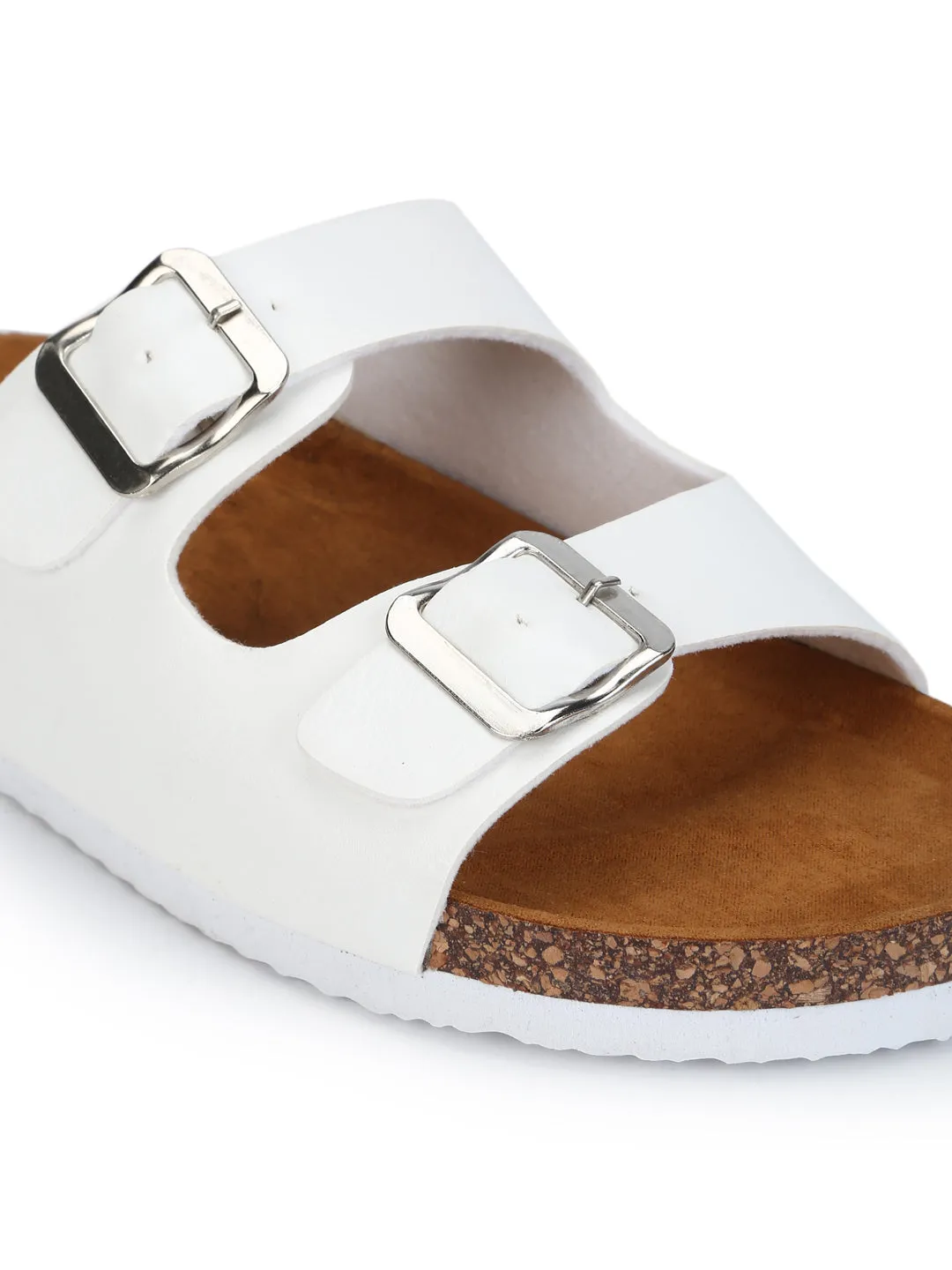 White Double Buckle Brown Platform Slip-on Flats