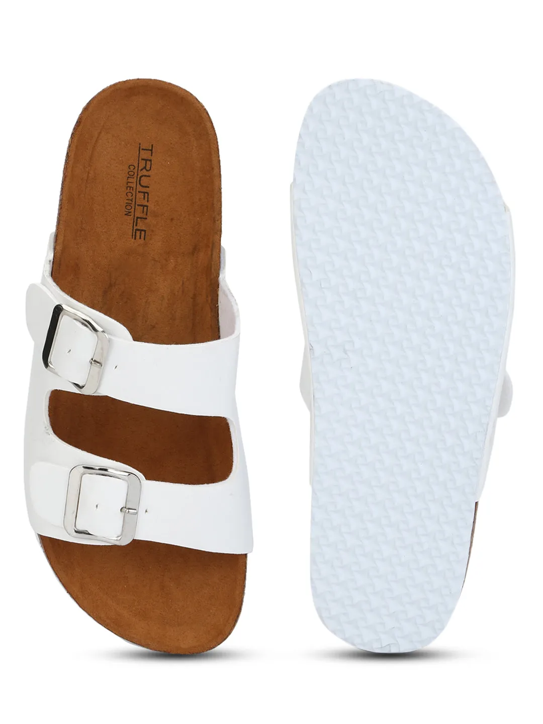 White Double Buckle Brown Platform Slip-on Flats