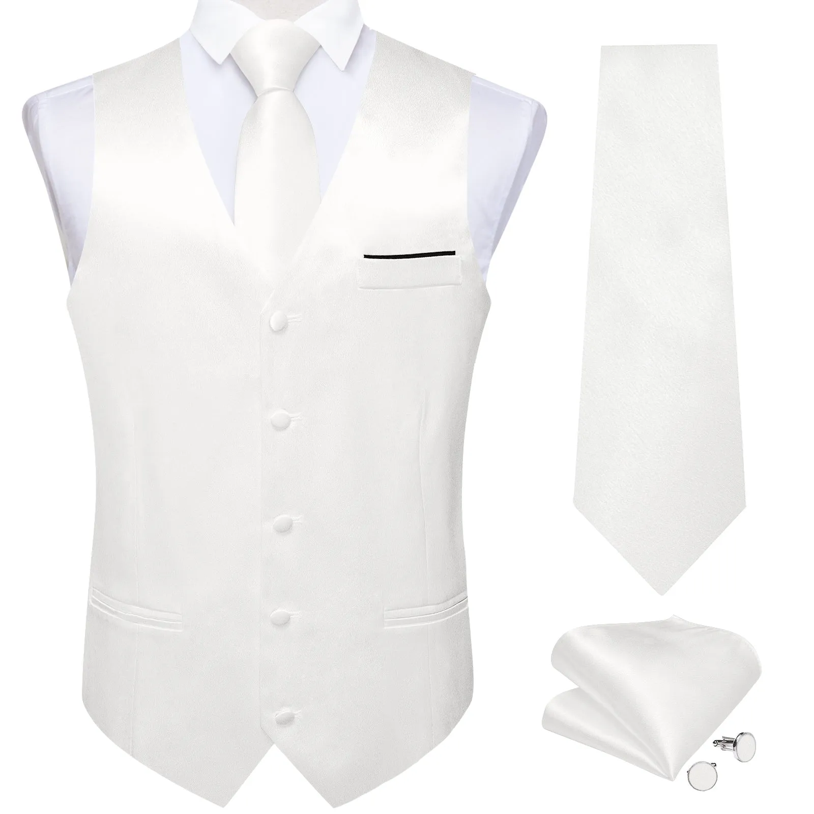 White Solid Silk Formal Men's Vest Hanky Cufflinks Tie Set