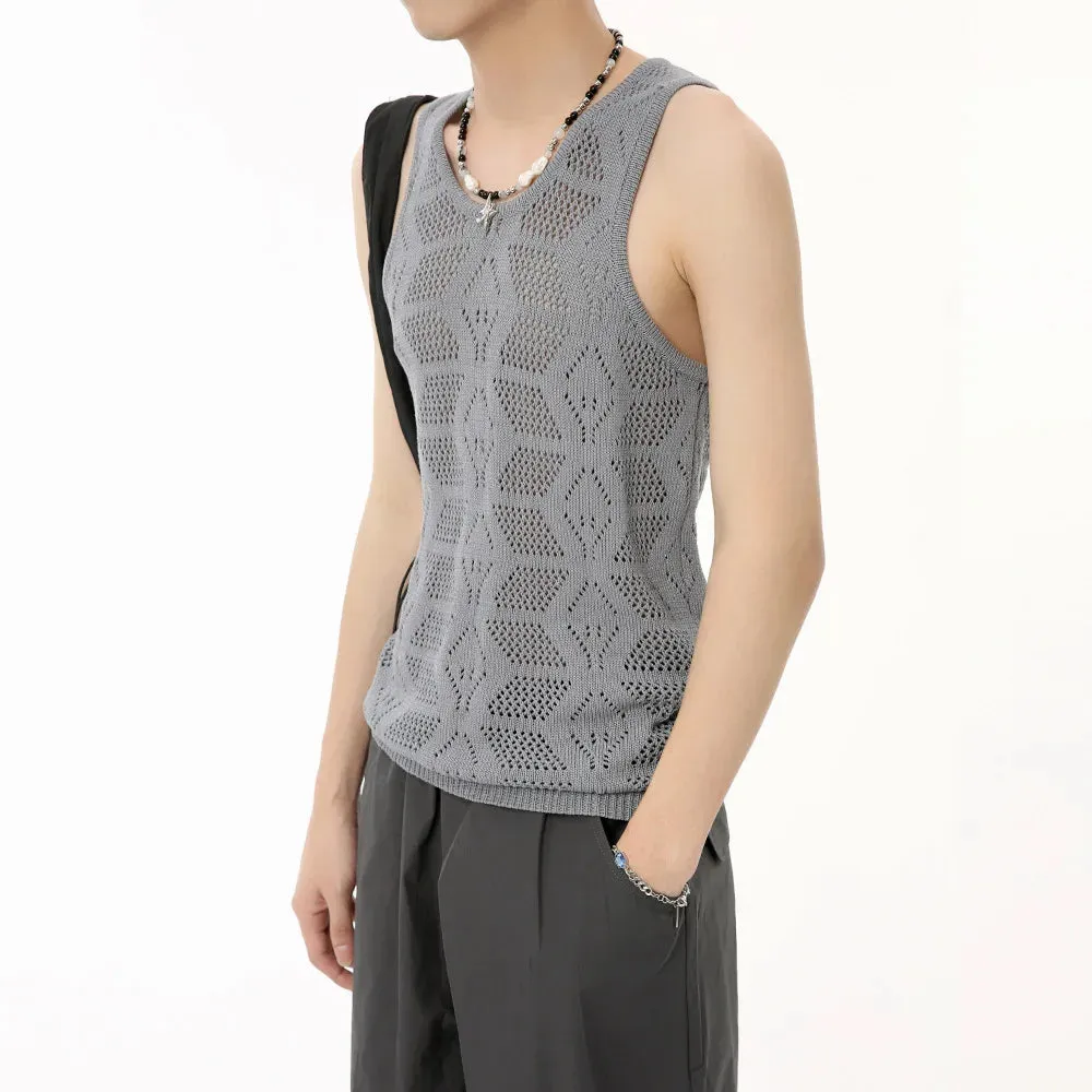 Wiaofellas  -  Men's Wear Summer Solid Color Round Neck Hollow Out Knitted Vest Casual Korean Style Streetwear Tank Top Sleeveless T-shirt