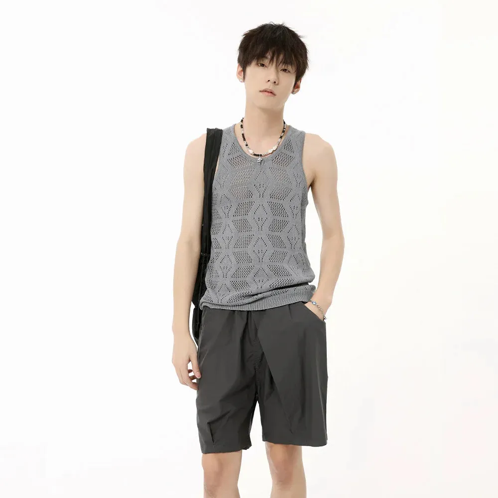 Wiaofellas  -  Men's Wear Summer Solid Color Round Neck Hollow Out Knitted Vest Casual Korean Style Streetwear Tank Top Sleeveless T-shirt