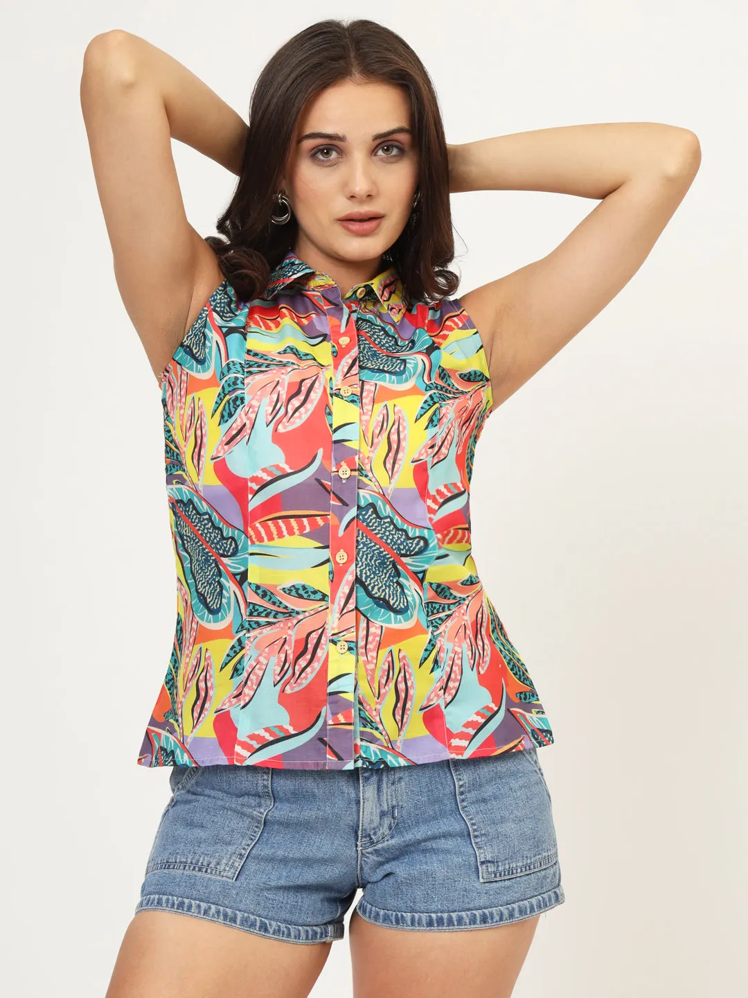 Women Classic Floral Printed Casual Sleeveless Shirt