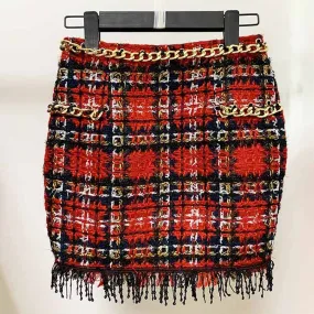 Women Houndstooth Check Skirt Red Chain Tweed High Waisted Short Skirt