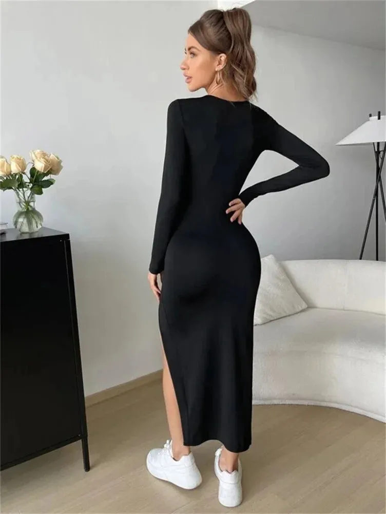 Women Long Sleeve Dress Solid Color Sweet Square Neck Stylish Side Split Tight-Fitting Party Bodycon Dress