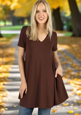 Womens Brown Pocket Dress, V-Neck Short Sleeve Midi Dress, Sizes S/M/L, Solid Brown