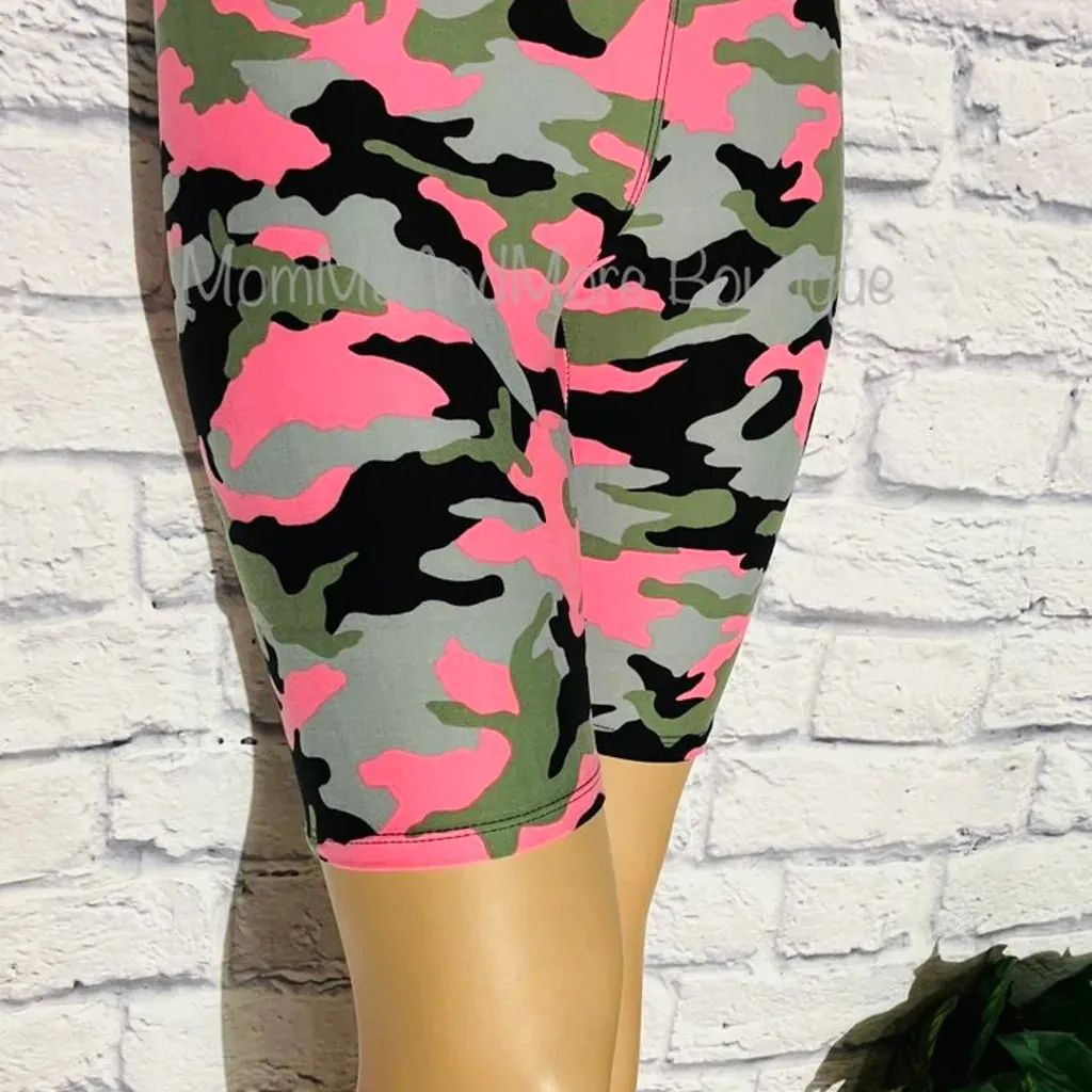 Womens Camouflage Biker Shorts, Long Bermuda Shorts,  Sizes S-3xl, No-Roll Waist, Pink/Green/Gray