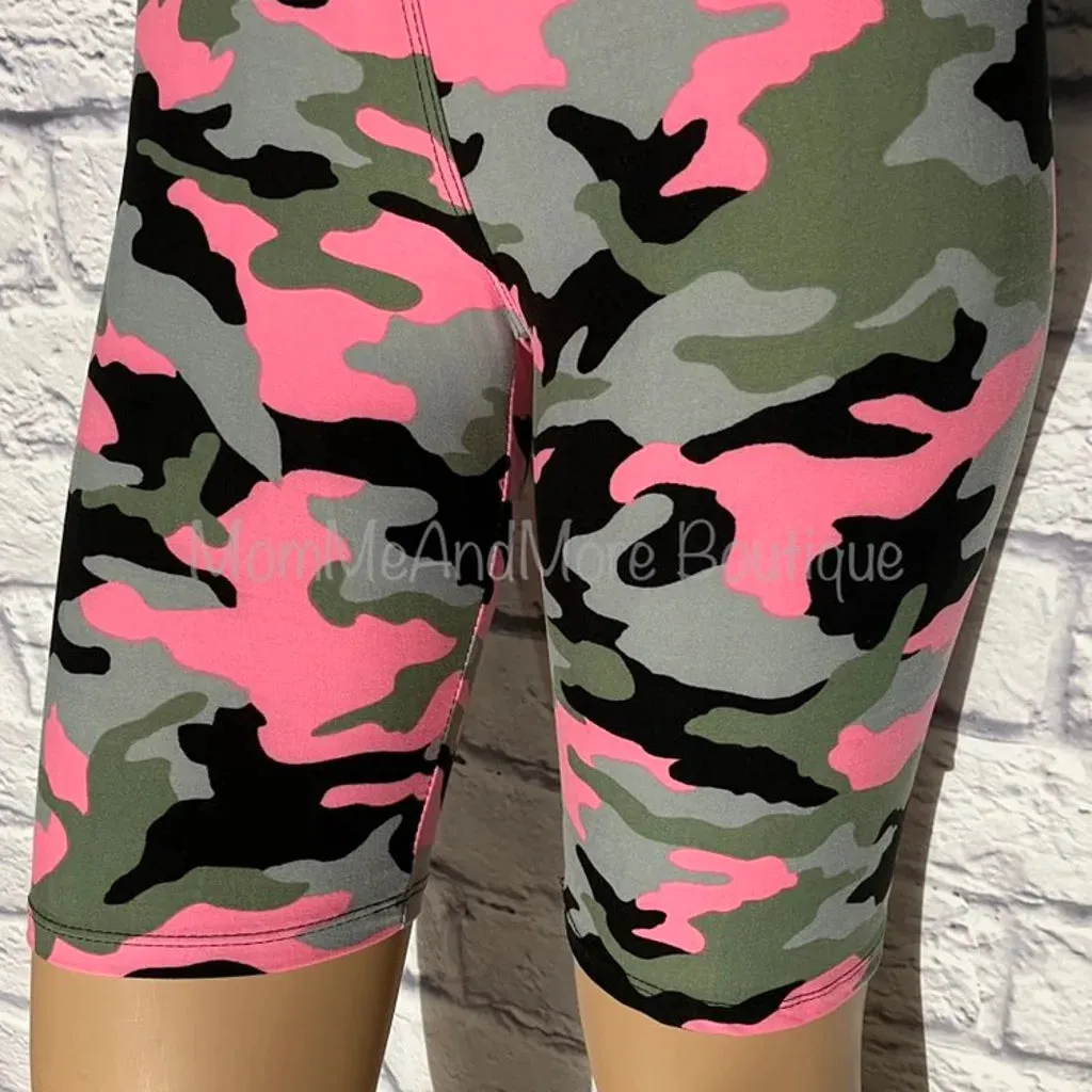 Womens Camouflage Biker Shorts, Long Bermuda Shorts,  Sizes S-3xl, No-Roll Waist, Pink/Green/Gray