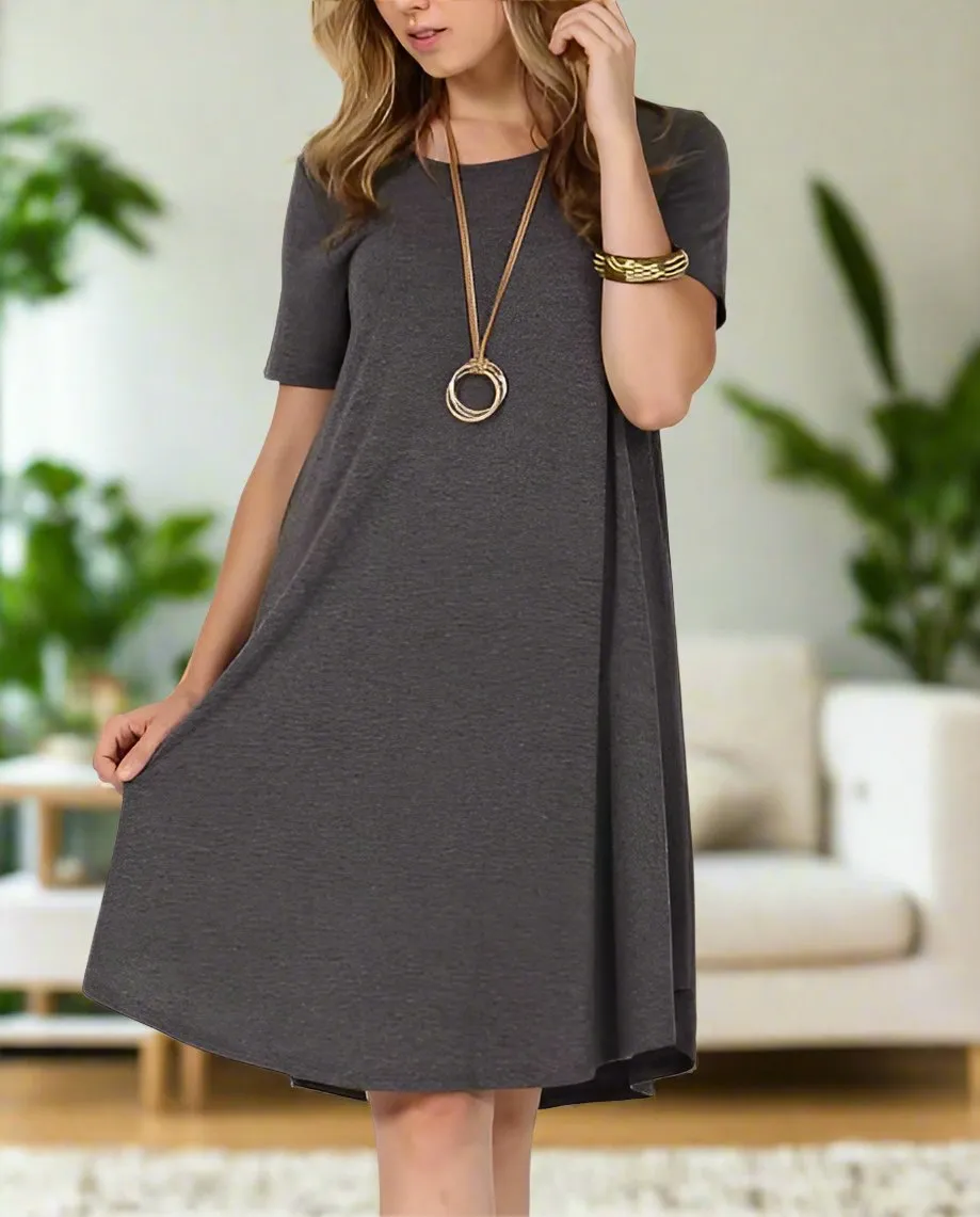 Womens Casual Pocket Dress, Short Sleeve Dress,  Sizes S/M/L, Solid Gray