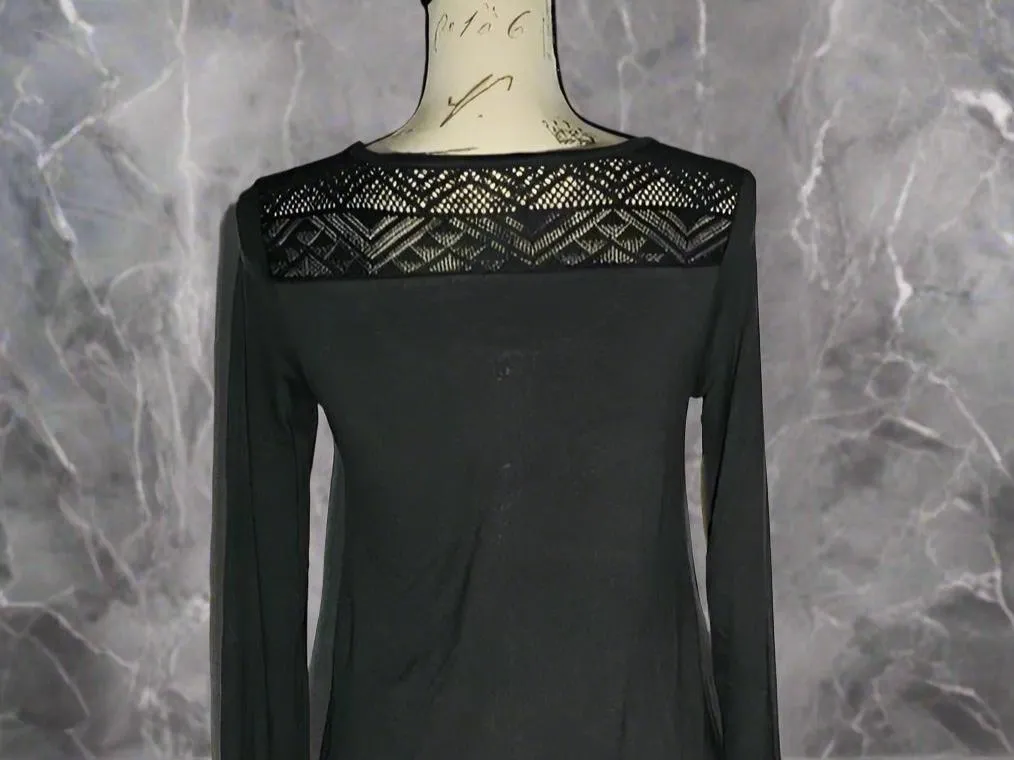 Womens Lace Trim Top Long Sleeve Shirt Solid Gray Size Small